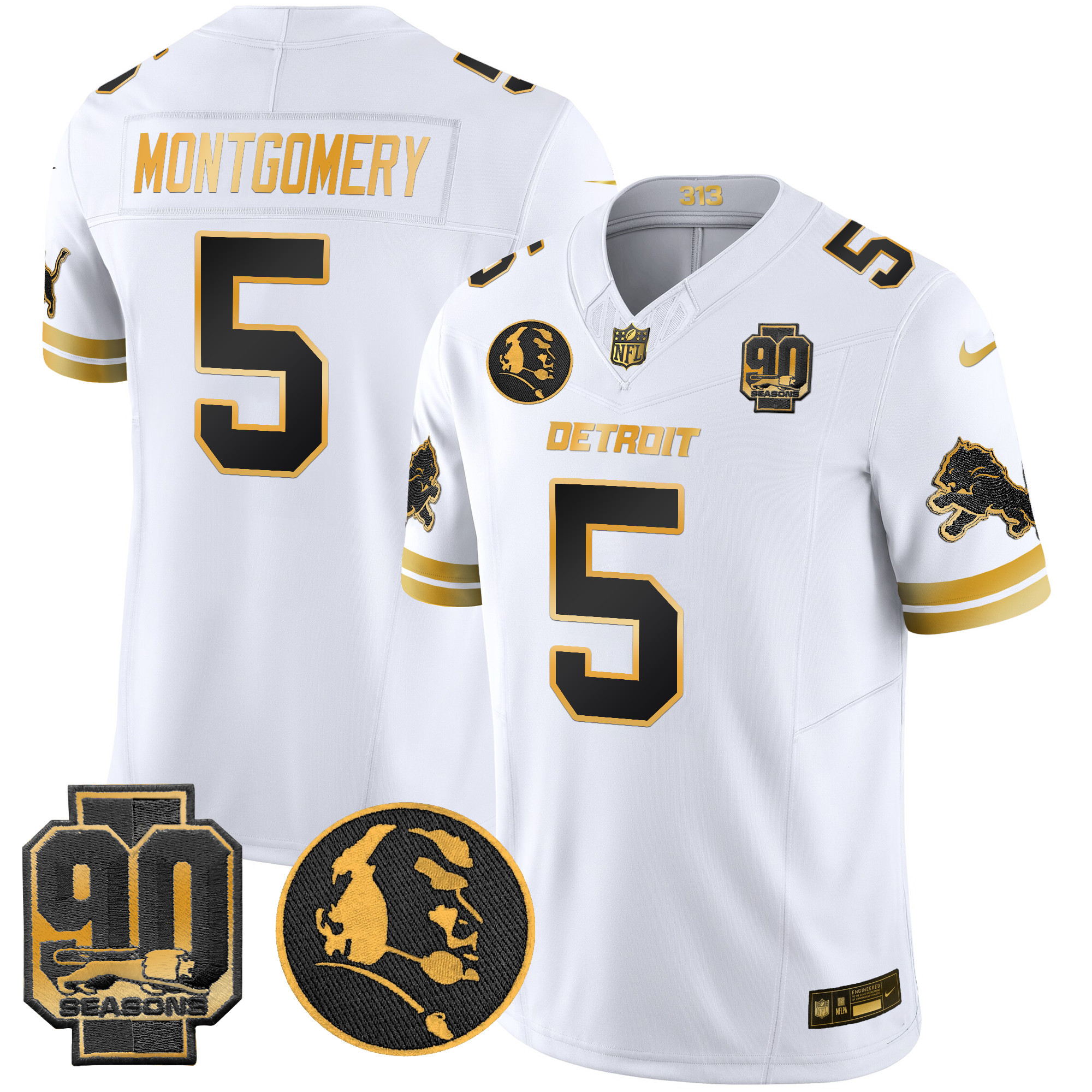 Men's David Montgomery Detroit Lions 2024 90th & John Madden Patch Gold Vapor Limited White Gold Jersey - All Stitched