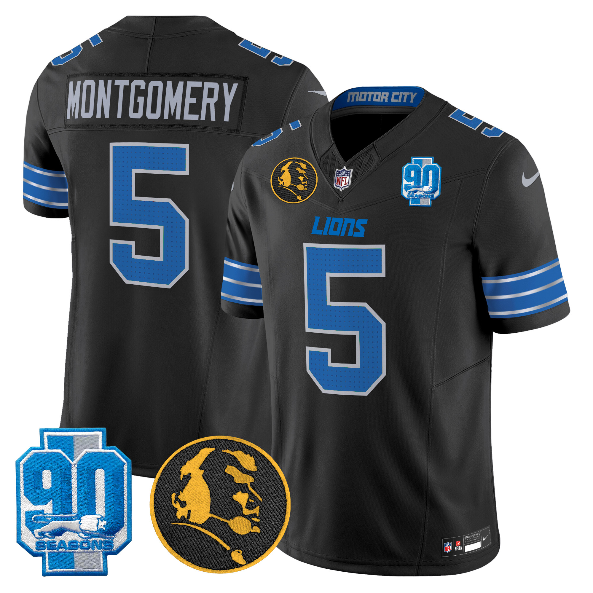 Men's David Montgomery Detroit Lions 2024 90th & John Madden Patch Vapor Limited Black Jersey - All Stitched