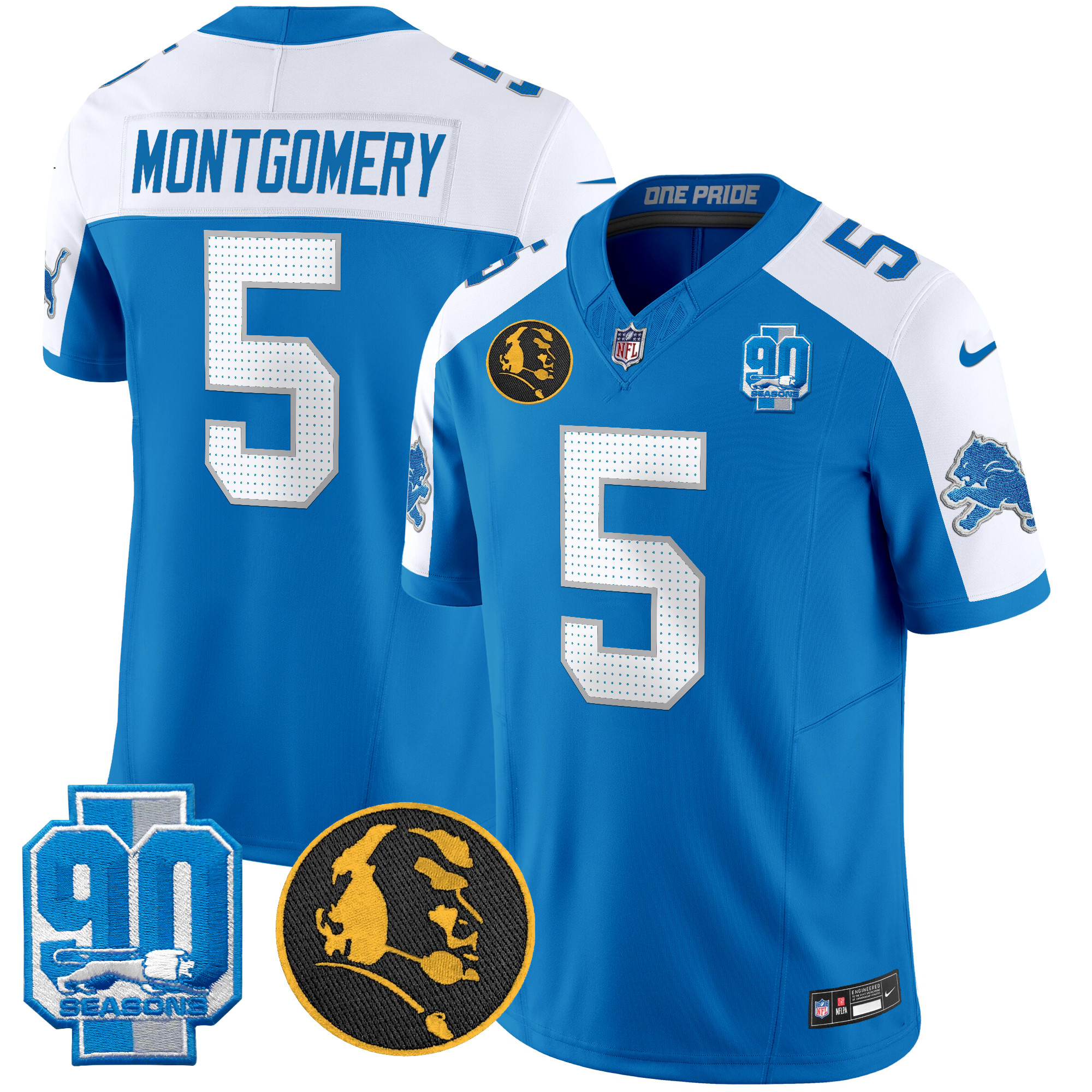 Men's David Montgomery Detroit Lions 2024 90th & John Madden Patch Vapor Limited Blue Alternate Jersey - All Stitched
