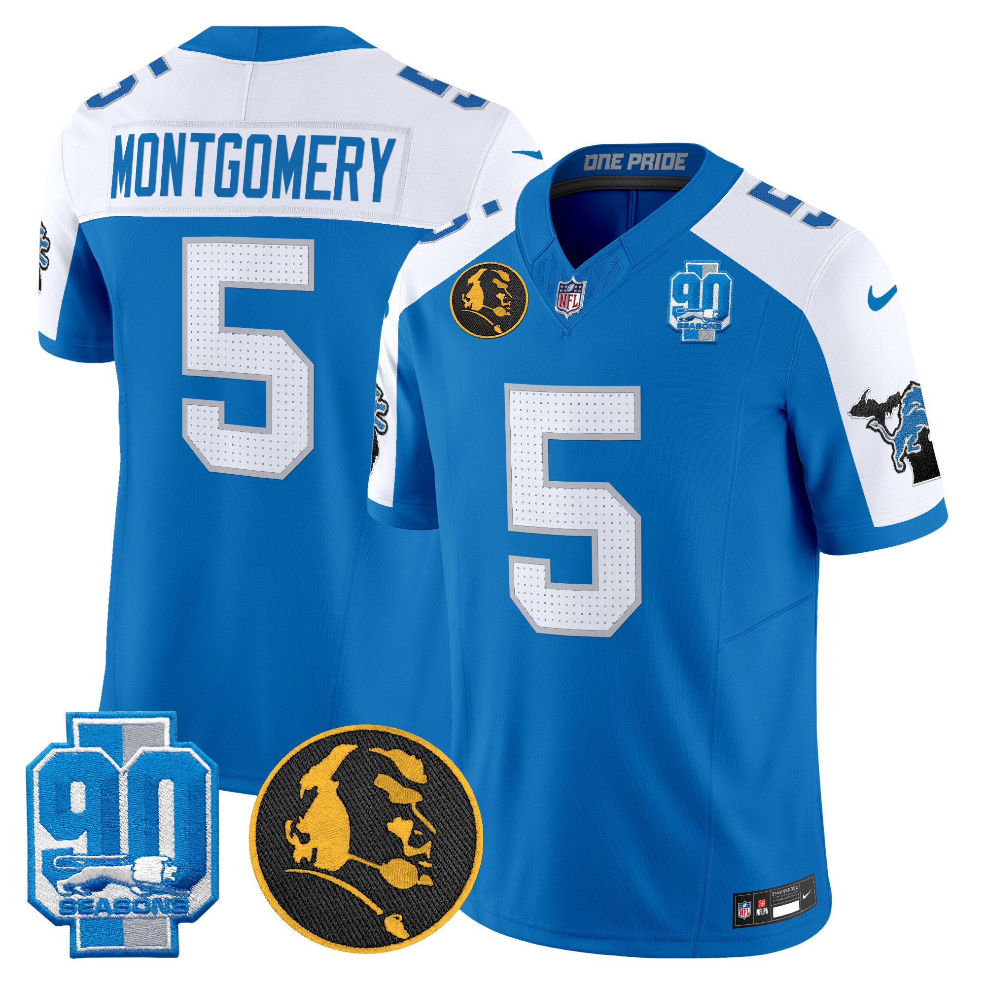 Men's David Montgomery Detroit Lions 2024 90th & John Madden Patch Vapor Limited Blue Alternate Jersey - All Stitched