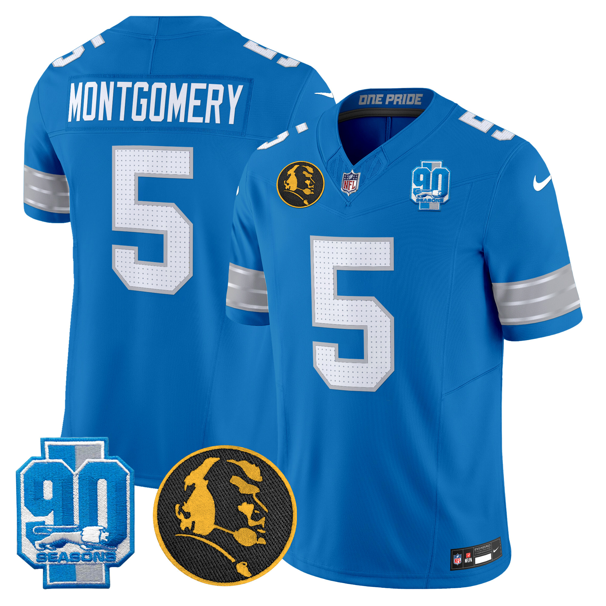 Men's David Montgomery Detroit Lions 2024 90th & John Madden Patch Vapor Limited Blue Jersey - All Stitched
