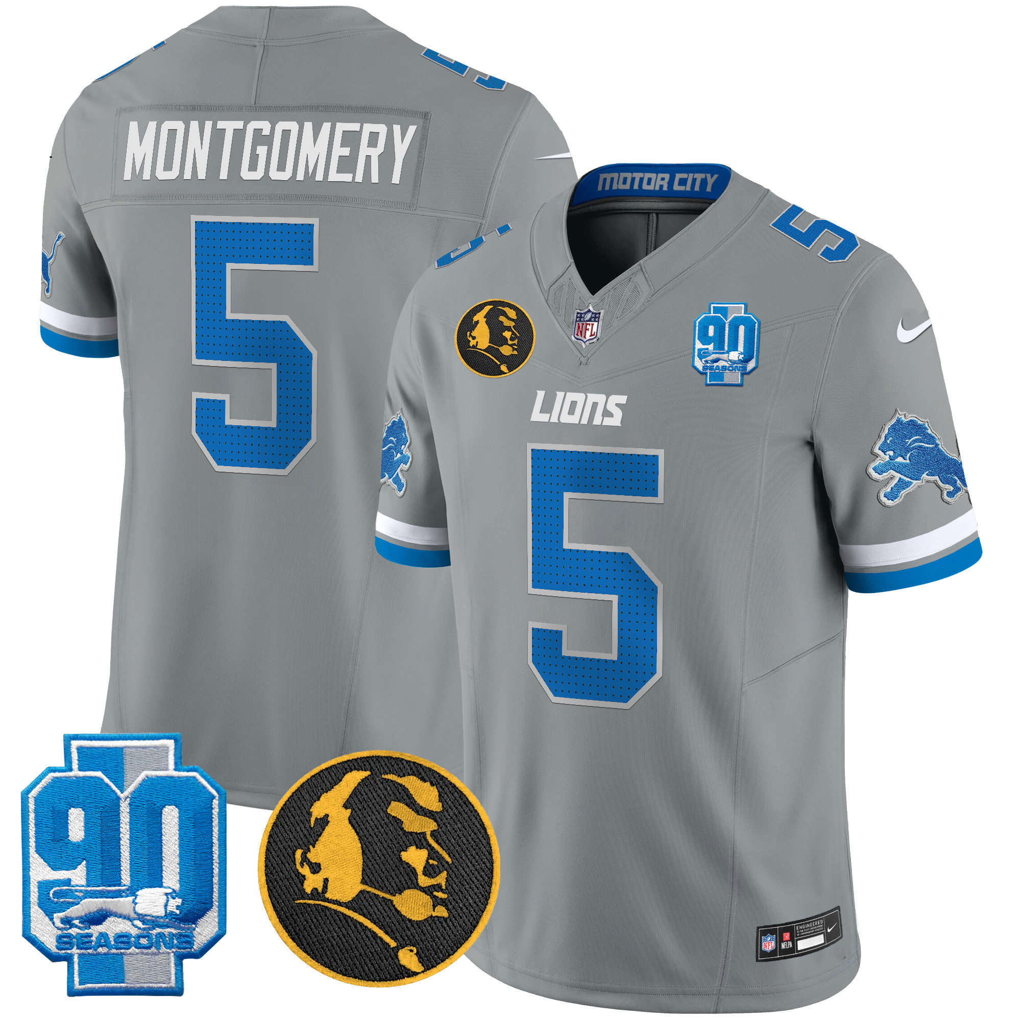 Men's David Montgomery Detroit Lions 2024 90th & John Madden Patch Vapor Limited Gray Jersey - All Stitched