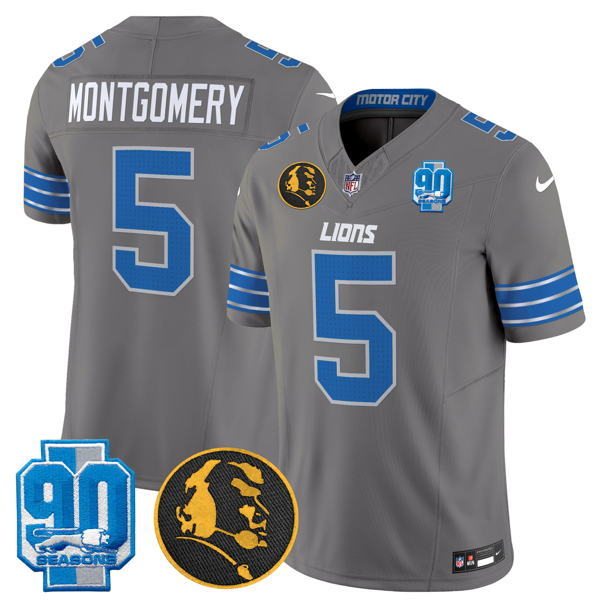 Men's David Montgomery Detroit Lions 2024 90th & John Madden Patch Vapor Limited Gray Jersey - All Stitched
