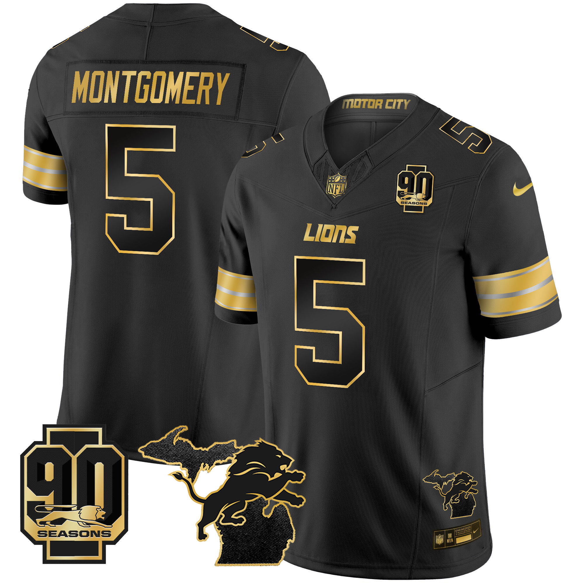 Men's David Montgomery Detroit Lions 2024 Michigan & 90th Season Patch Gold Vapor Limited Black Gold Jersey - All Stitched