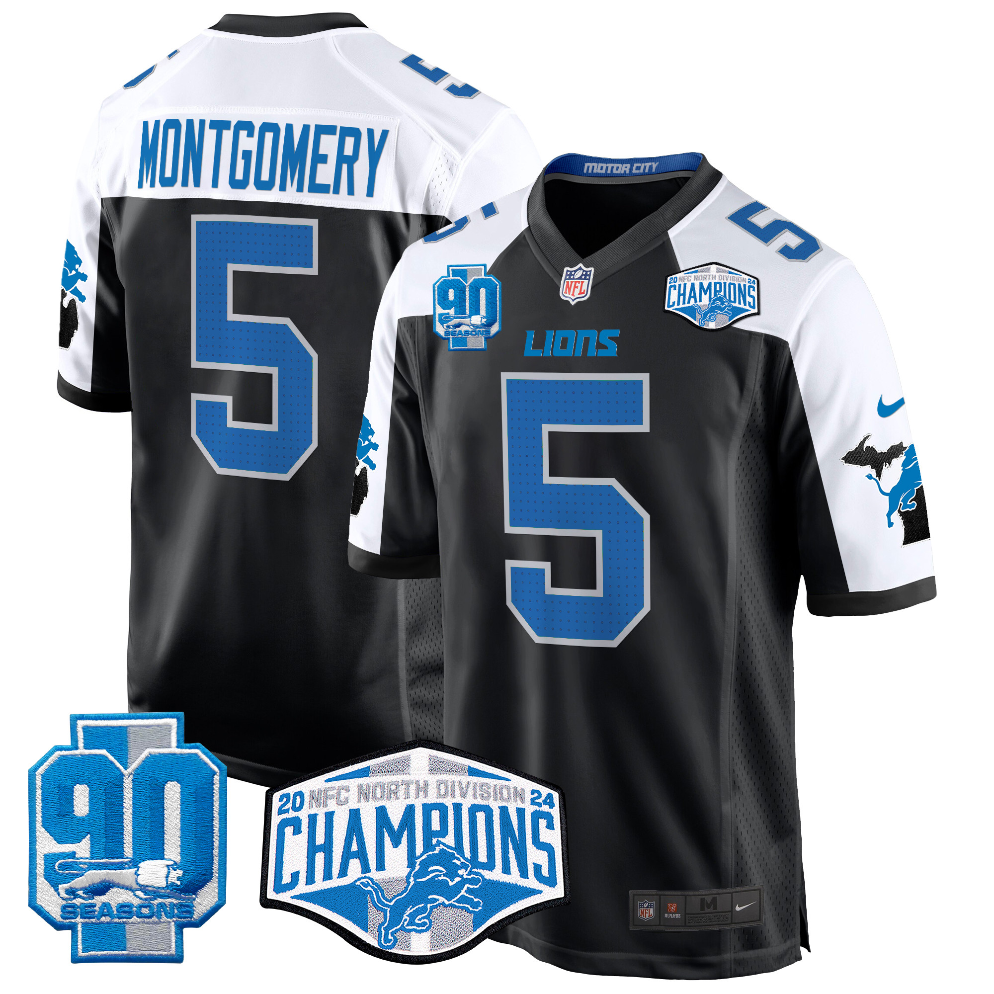 Men's David Montgomery Detroit Lions 2024 NFC North Division Champions Patch Game Black Alternate Jersey - All Stitched