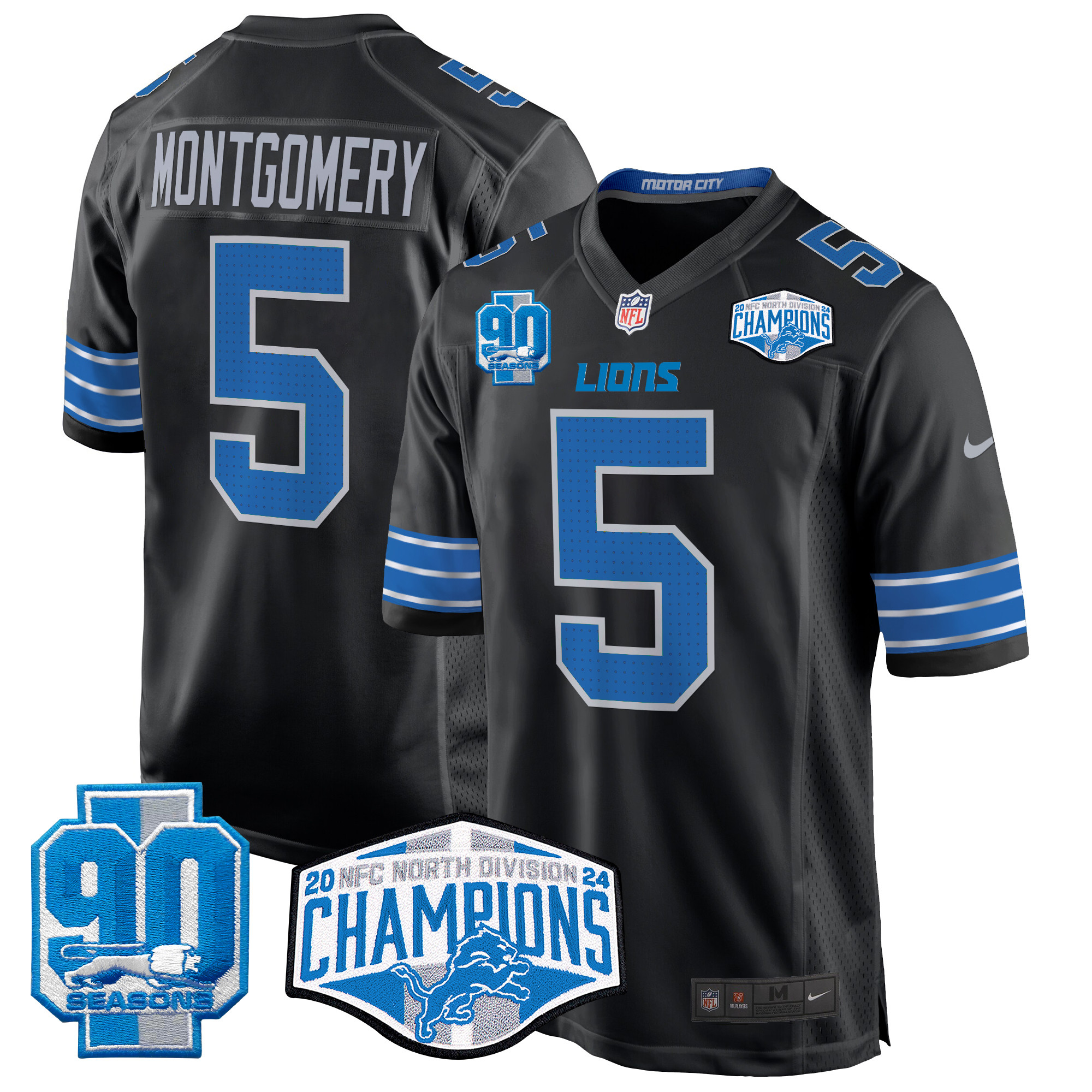 Men's David Montgomery Detroit Lions 2024 NFC North Division Champions Patch Game Black Jersey - All Stitched