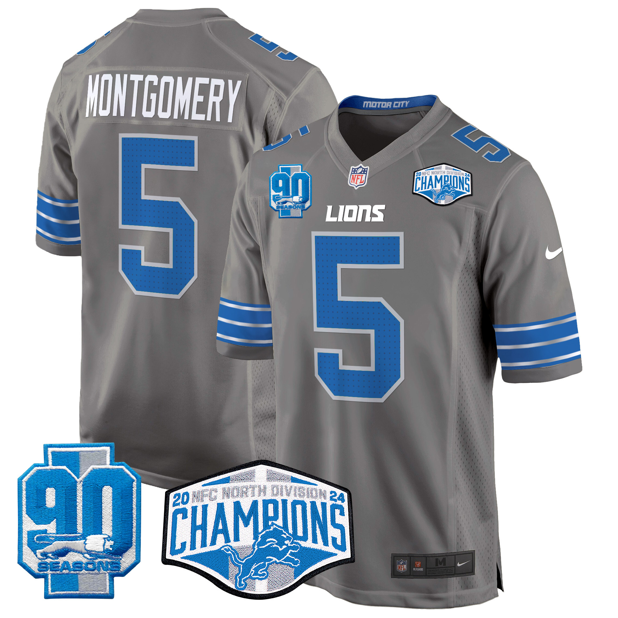 Men's David Montgomery Detroit Lions 2024 NFC North Division Champions Patch Game Gray Jersey - All Stitched