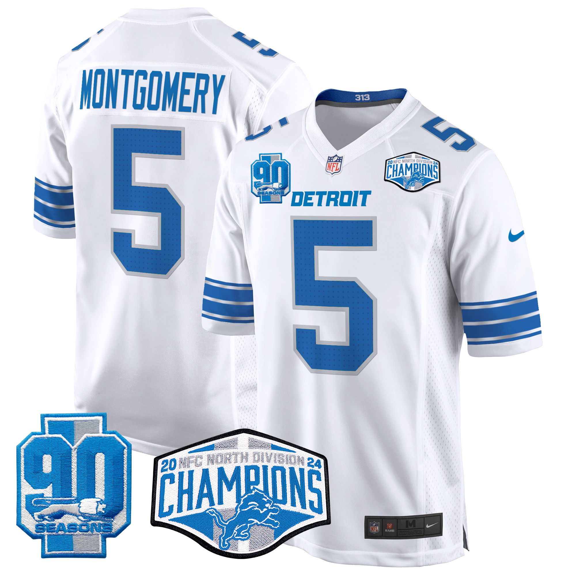 Men's David Montgomery Detroit Lions 2024 NFC North Division Champions Patch Game White Jersey - All Stitched