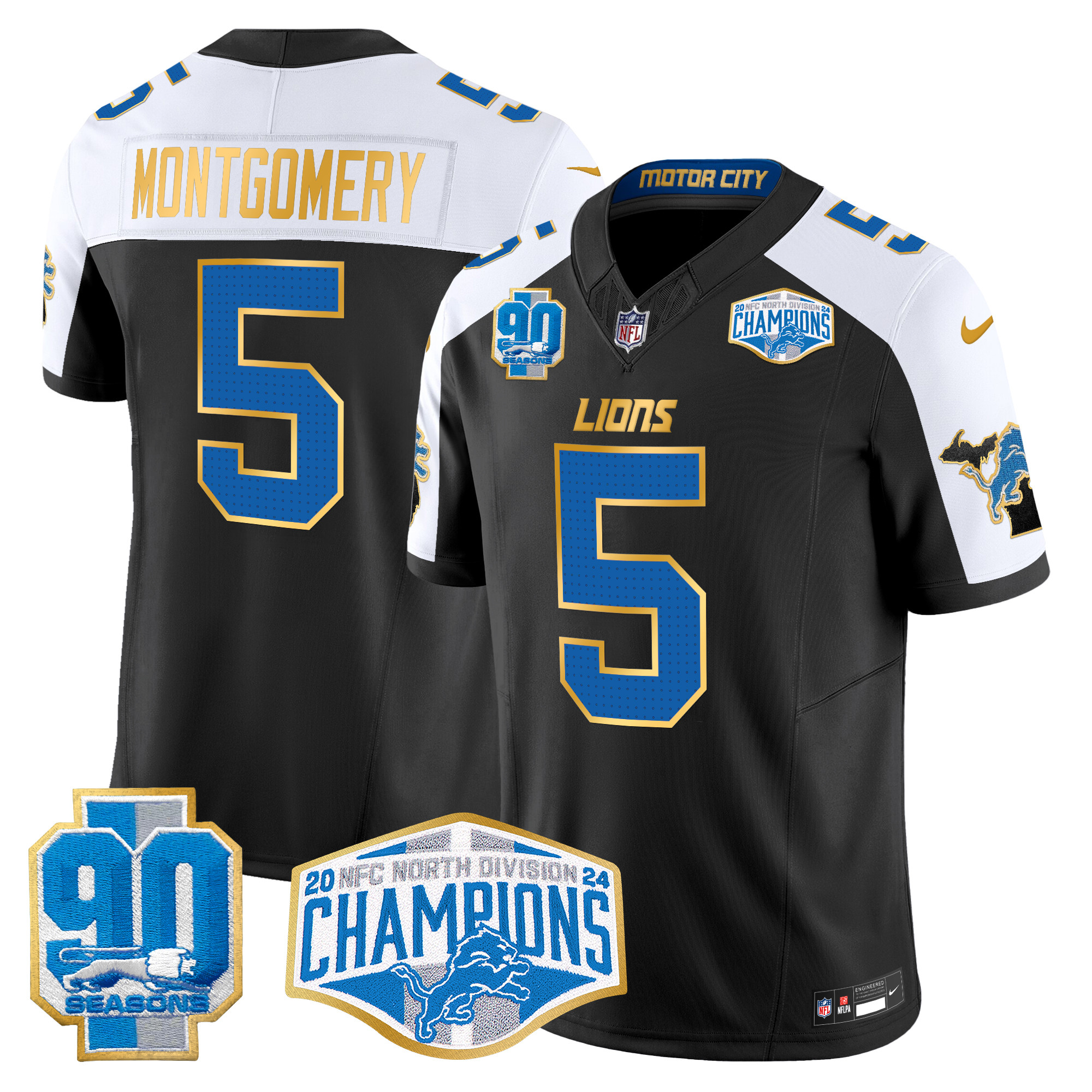 Men's David Montgomery Detroit Lions 2024 NFC North Division Champions Patch Gold Trim Vapor Limited Black Alternate Jersey - All Stitched