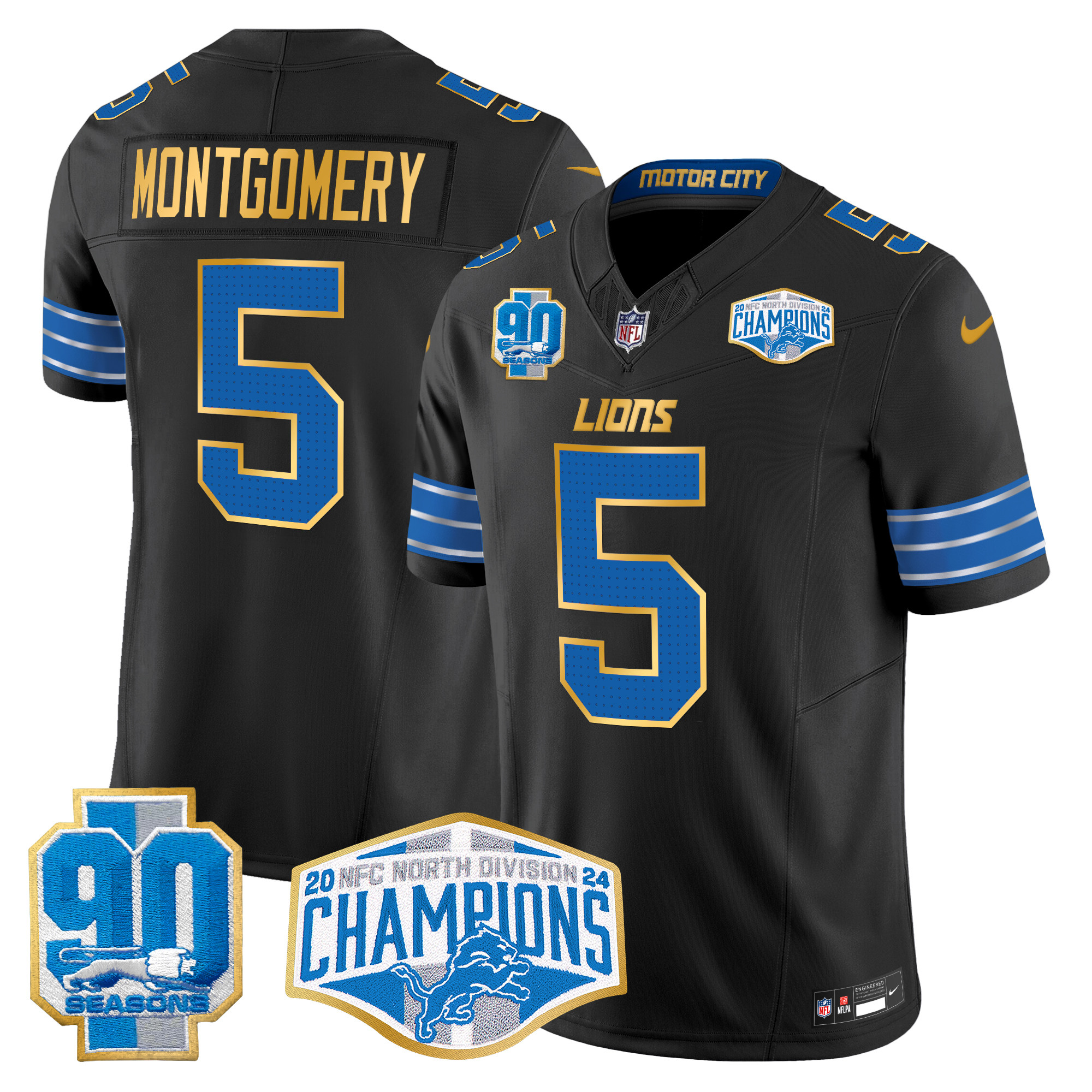 Men's David Montgomery Detroit Lions 2024 NFC North Division Champions Patch Gold Trim Vapor Limited Black Jersey - All Stitched