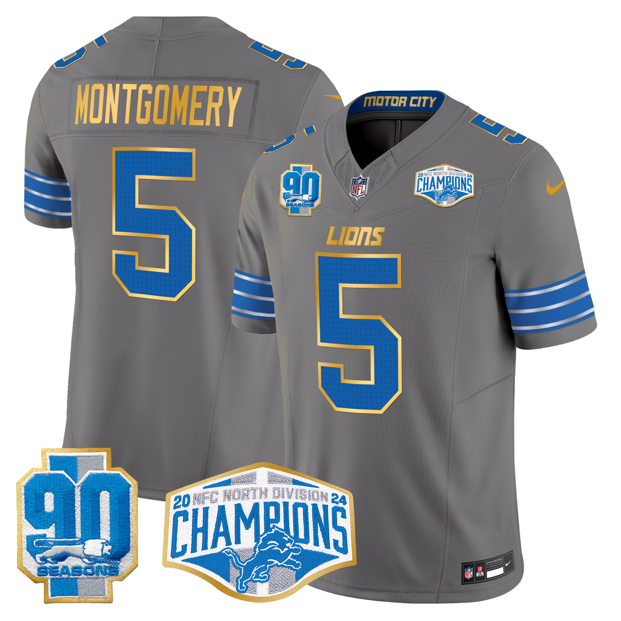 Men's David Montgomery Detroit Lions 2024 NFC North Division Champions Patch Gold Trim Vapor Limited Gray Jersey - All Stitched