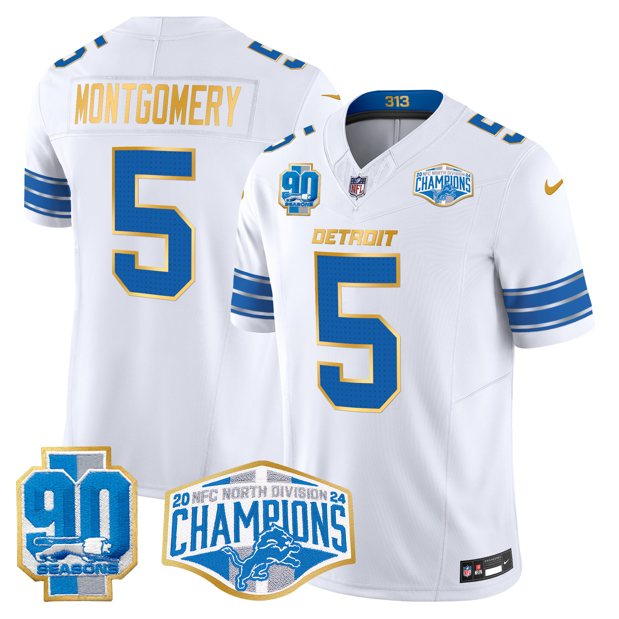 Men's David Montgomery Detroit Lions 2024 NFC North Division Champions Patch Gold Trim Vapor Limited White Jersey - All Stitched