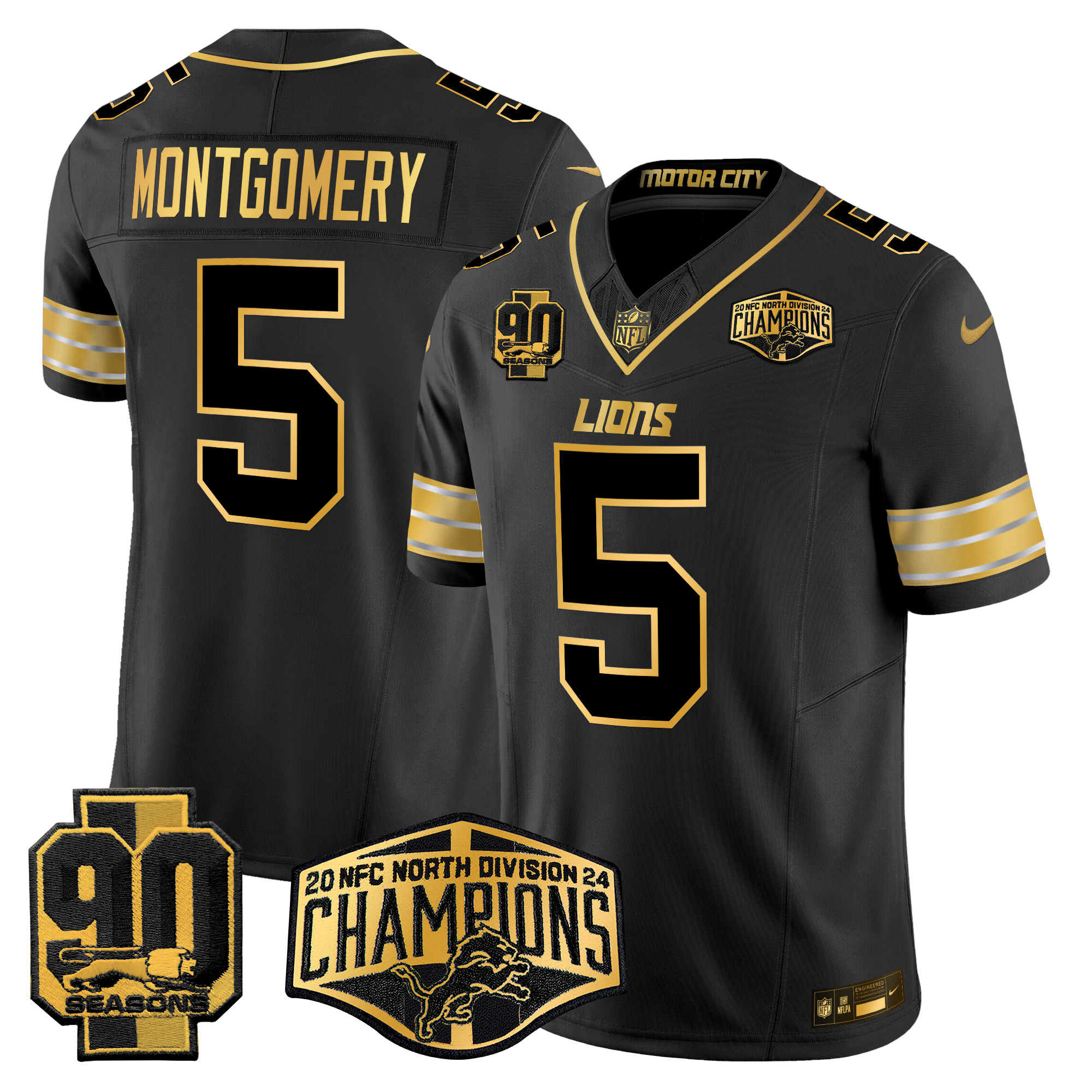Men's David Montgomery Detroit Lions 2024 NFC North Division Champions Patch Gold Vapor Limited Black Gold Jersey - All Stitched