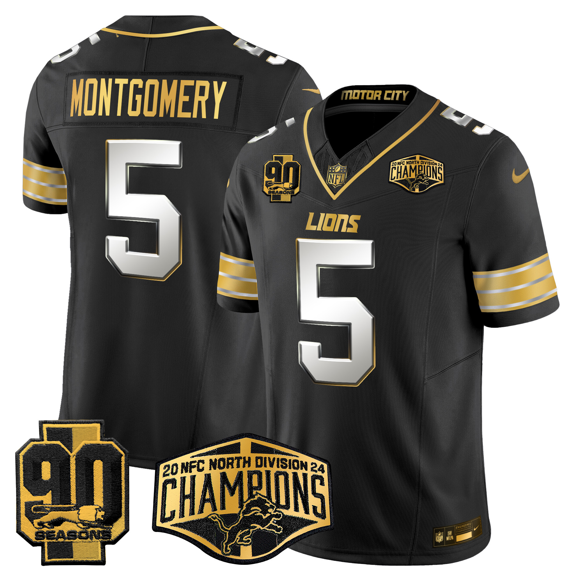 Men's David Montgomery Detroit Lions 2024 NFC North Division Champions Patch Gold Vapor Limited Black Limited Jersey - All Stitched