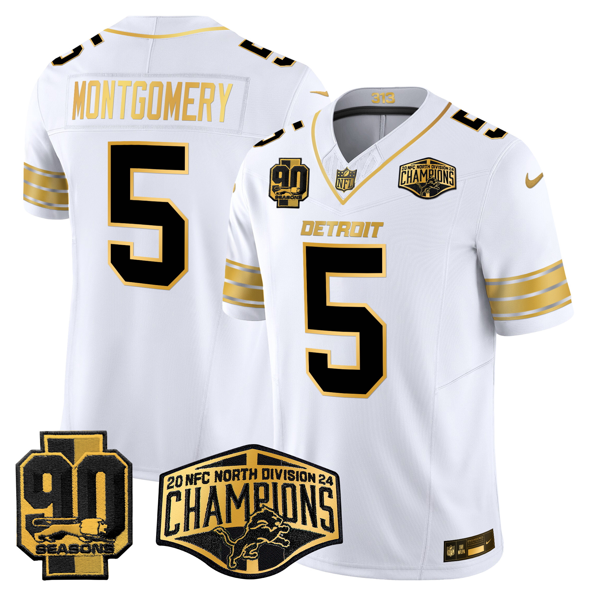 Men's David Montgomery Detroit Lions 2024 NFC North Division Champions Patch Gold Vapor Limited White Gold Jersey - All Stitched