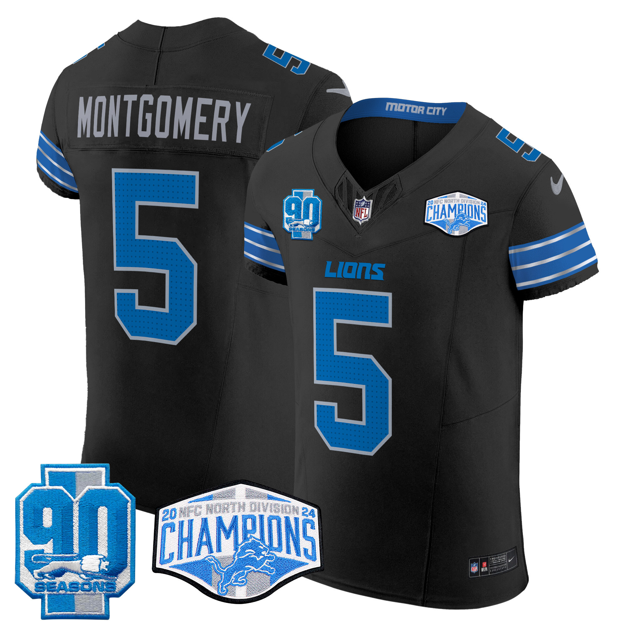 Men's David Montgomery Detroit Lions 2024 NFC North Division Champions Patch Vapor Elite Black Jersey - All Stitched
