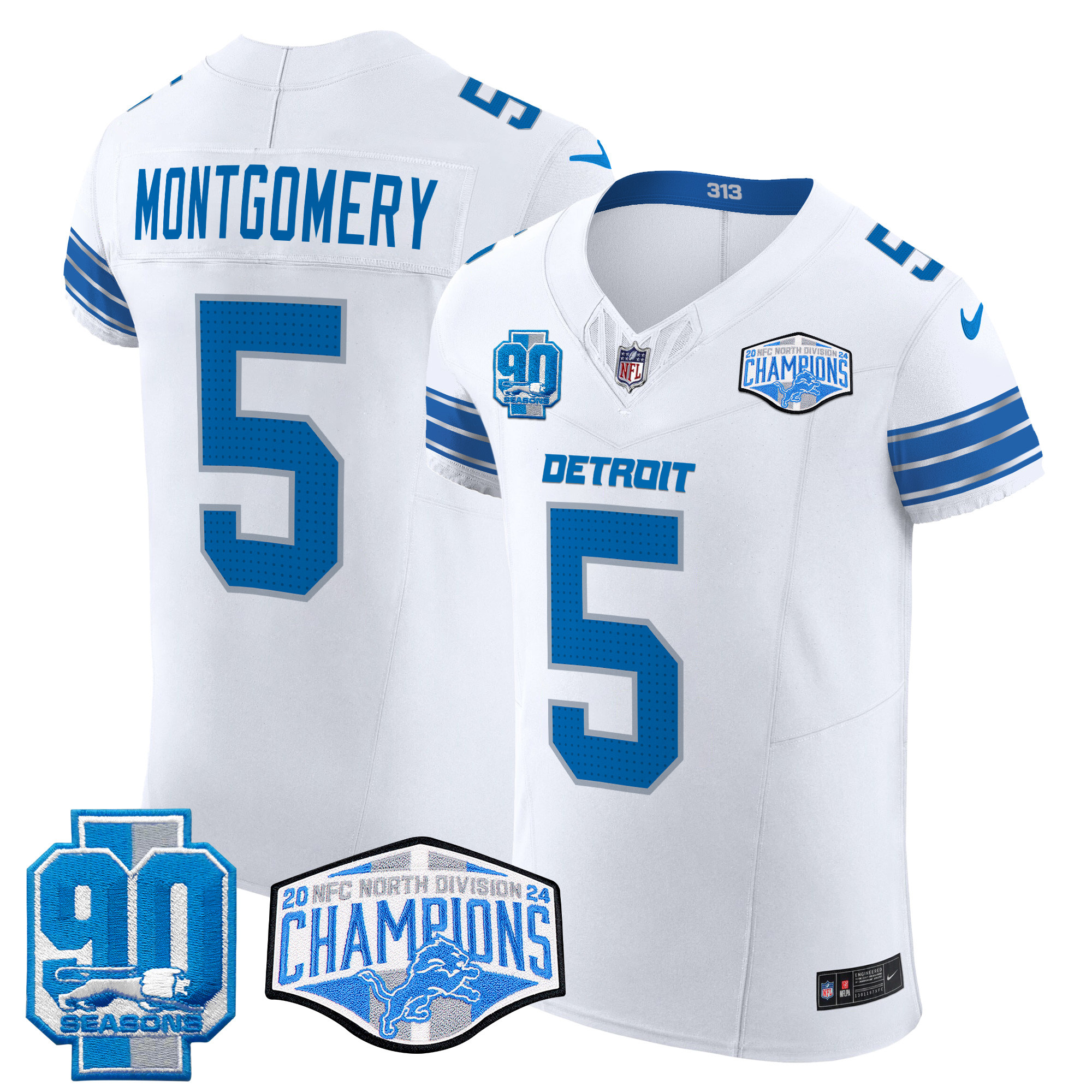 Men's David Montgomery Detroit Lions 2024 NFC North Division Champions Patch Vapor Elite White Jersey - All Stitched