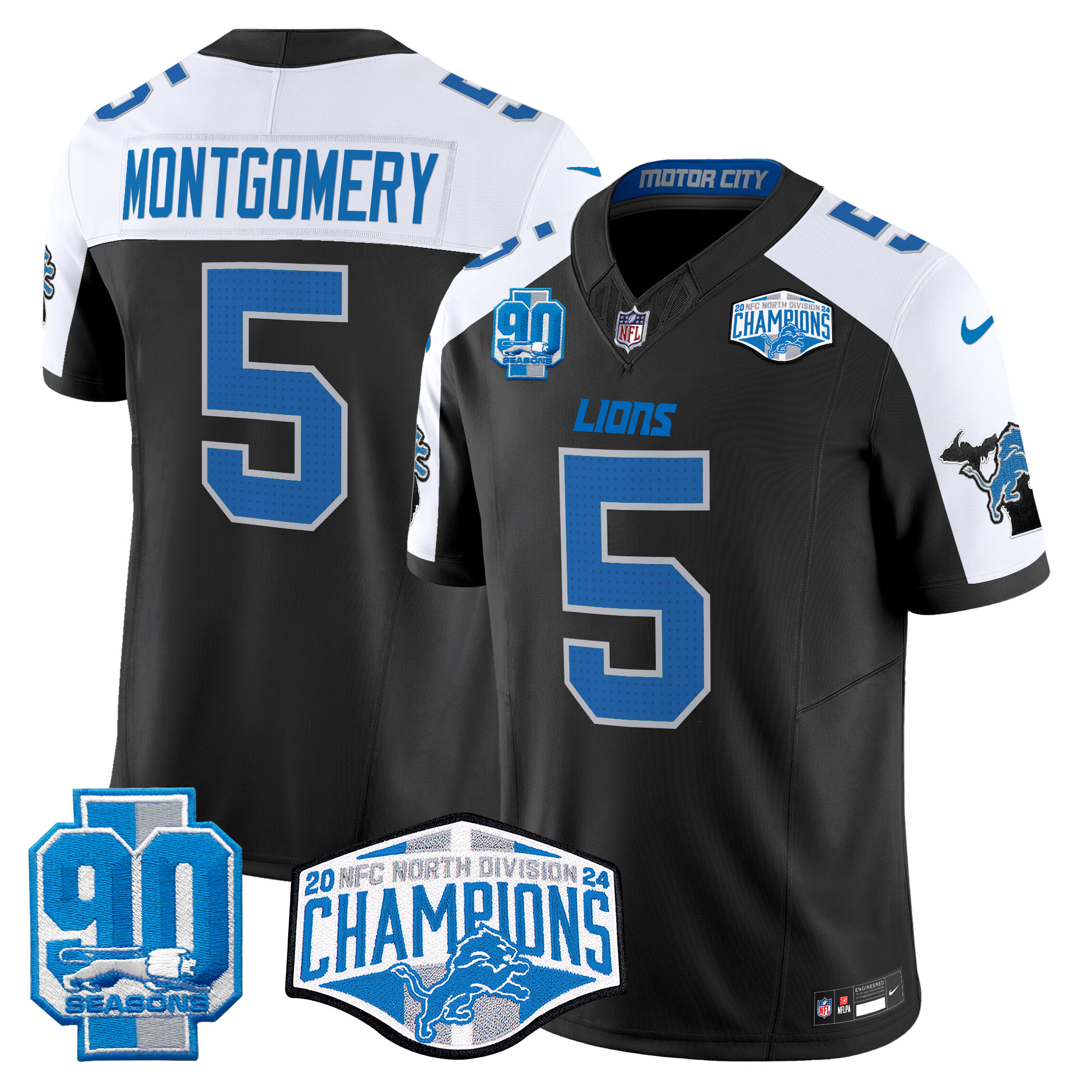 Men's David Montgomery Detroit Lions 2024 NFC North Division Champions Patch Vapor Limited Black Alternate Jersey - All Stitched