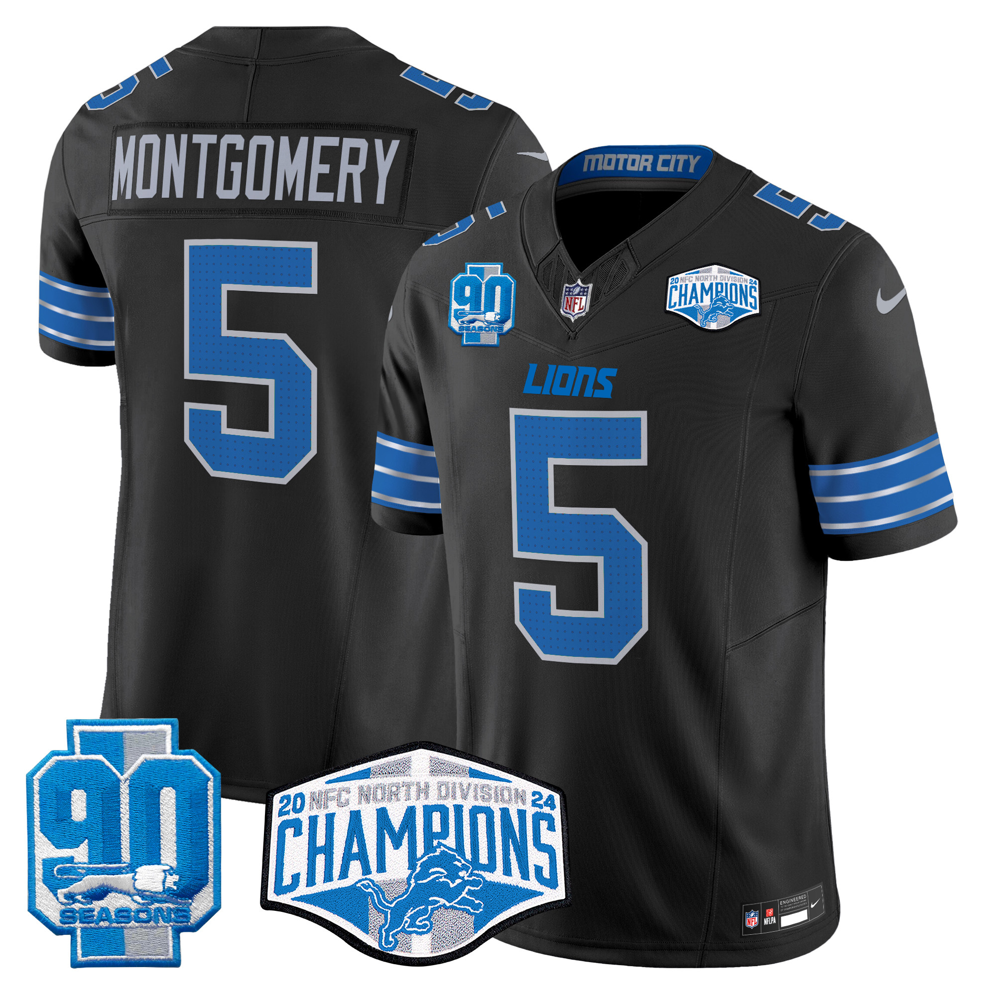 Men's David Montgomery Detroit Lions 2024 NFC North Division Champions Patch Vapor Limited Black Jersey - All Stitched