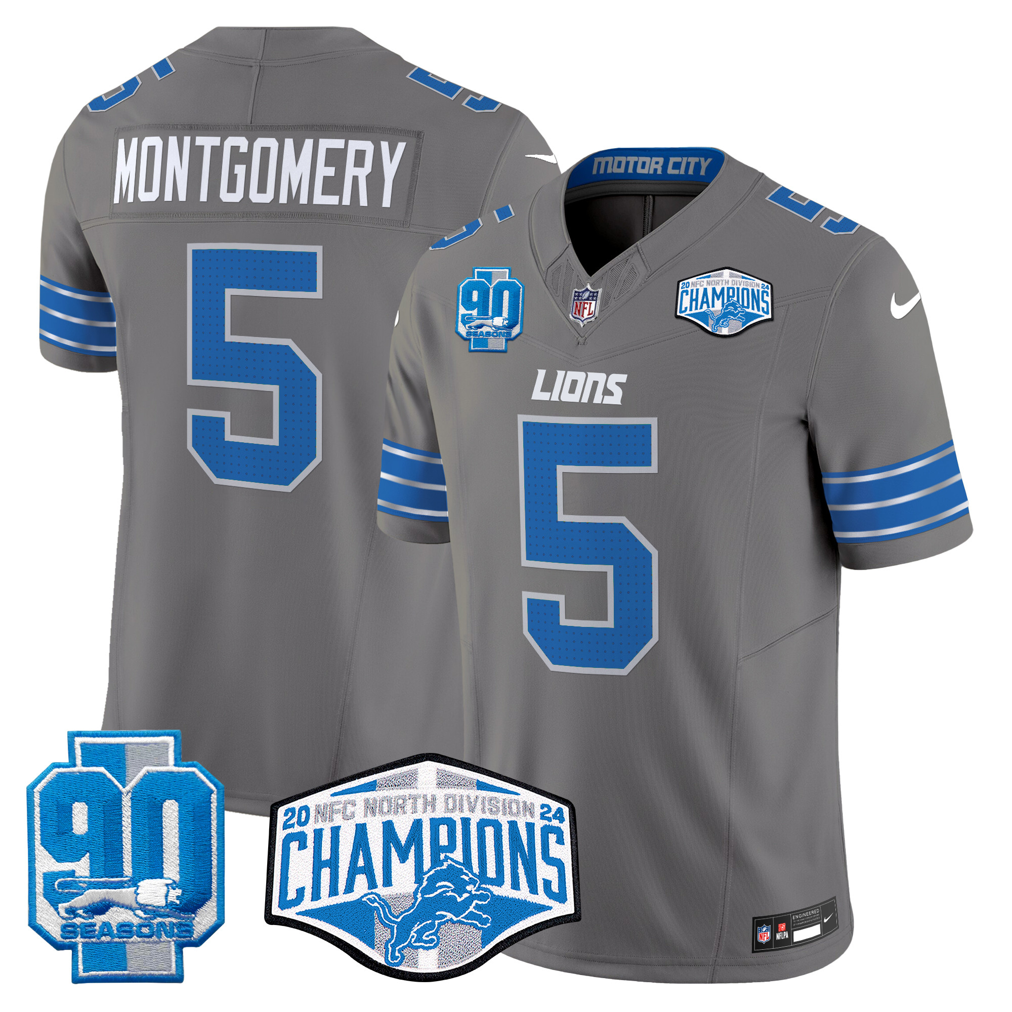 Men's David Montgomery Detroit Lions 2024 NFC North Division Champions Patch Vapor Limited Gray Jersey - All Stitched