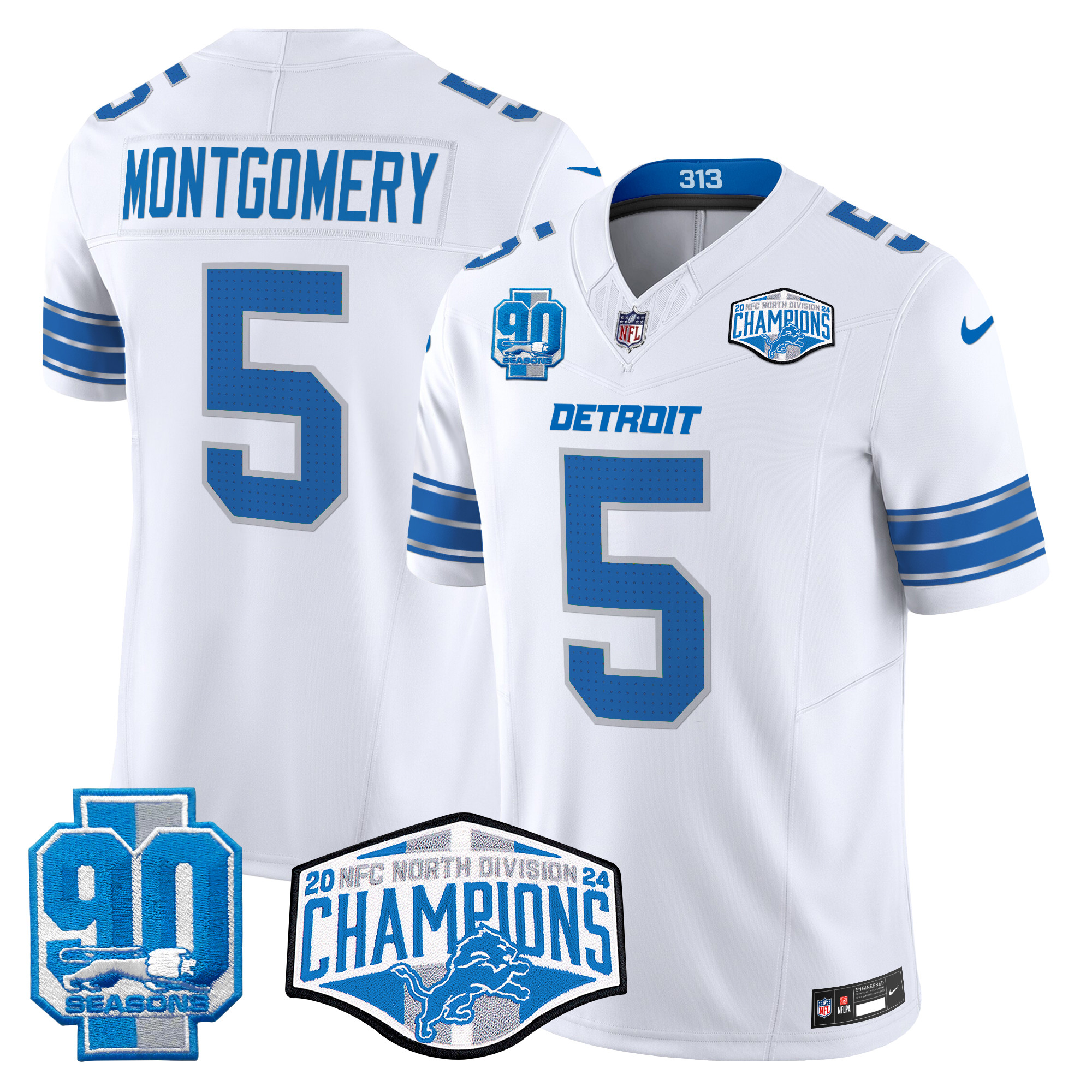 Men's David Montgomery Detroit Lions 2024 NFC North Division Champions Patch Vapor Limited White Jersey - All Stitched