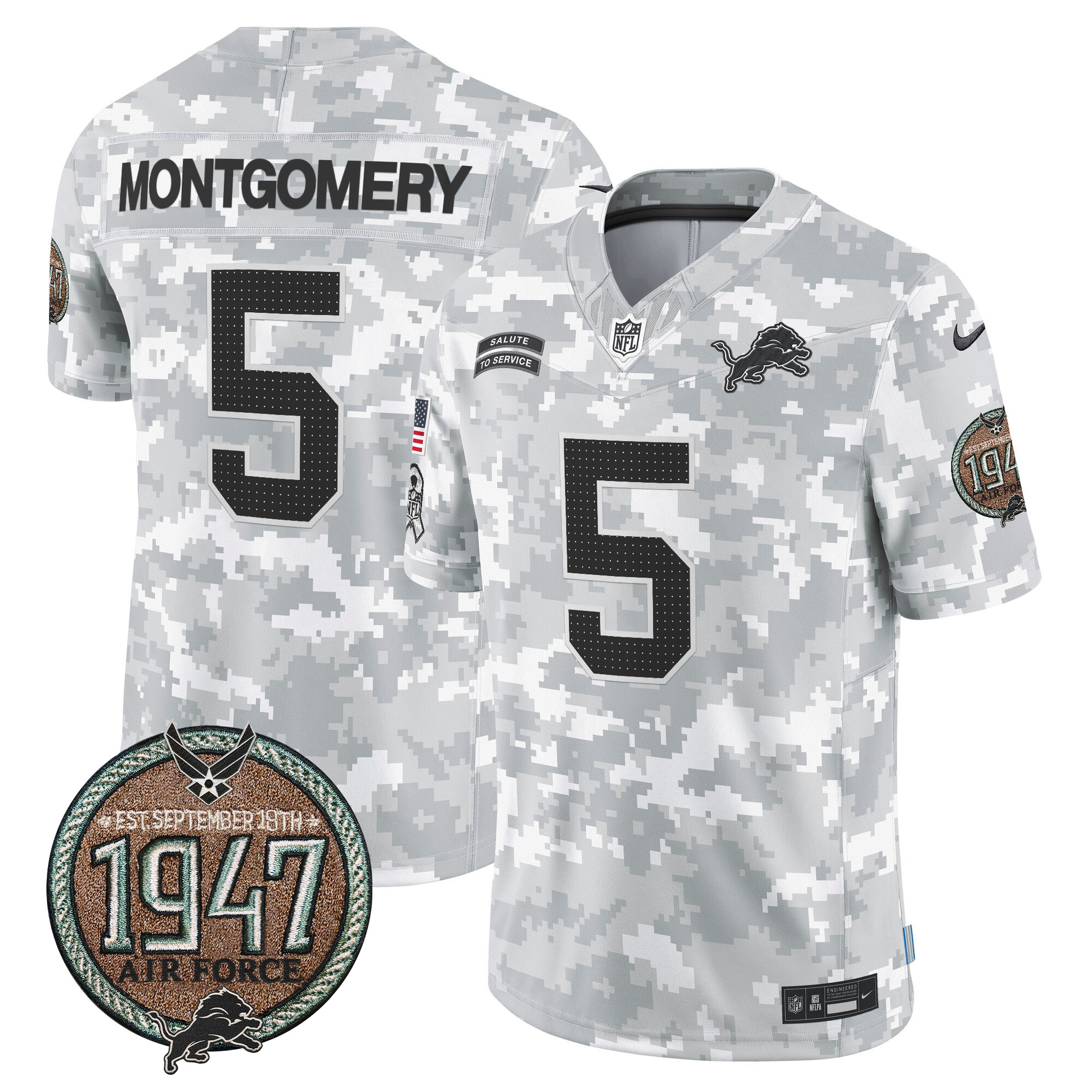 Men's David Montgomery Detroit Lions 2024 Salute to Service Establishment Year Patch Vapor Limited Air Force Jersey - All Stitched