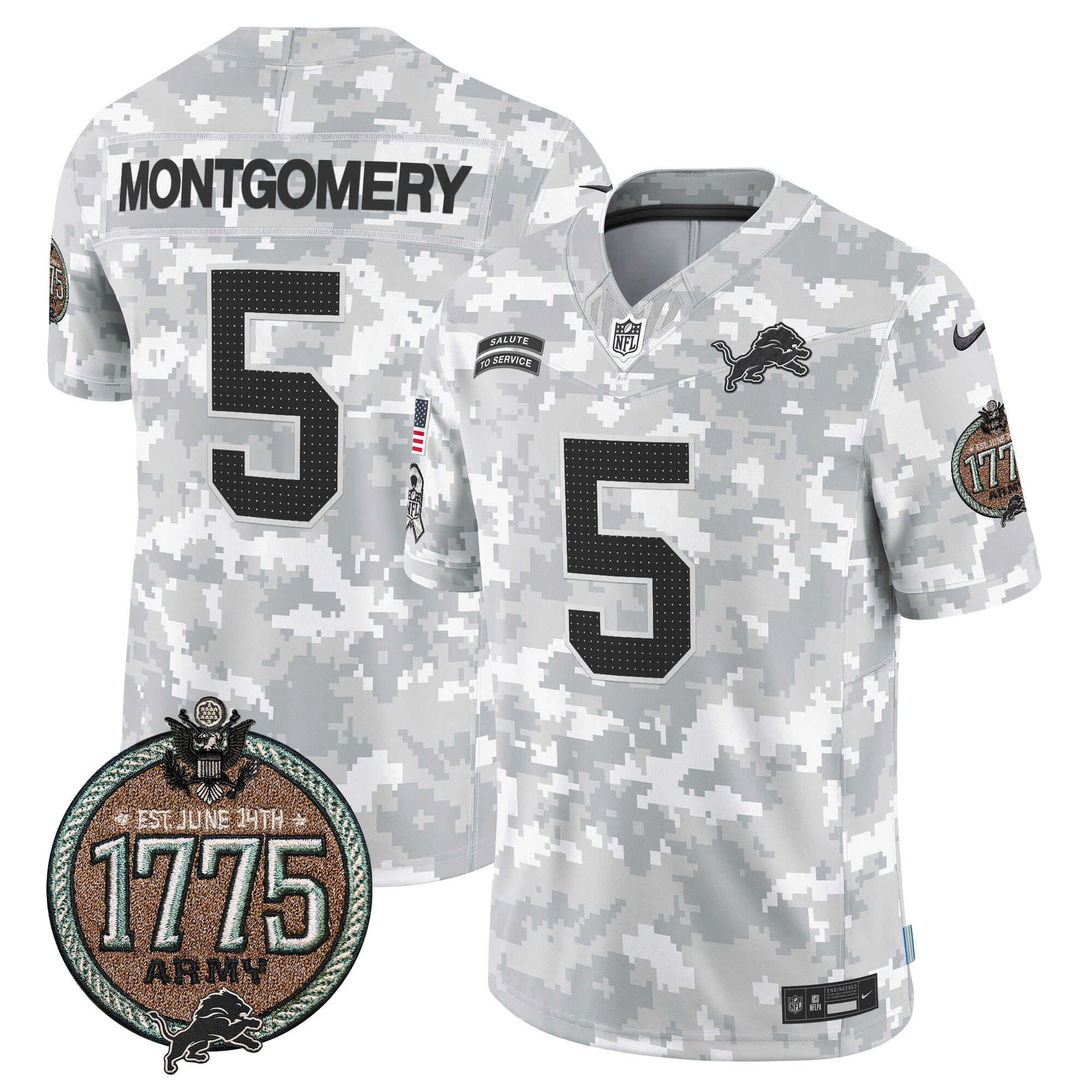 Men's David Montgomery Detroit Lions 2024 Salute to Service Establishment Year Patch Vapor Limited Army Jersey - All Stitched