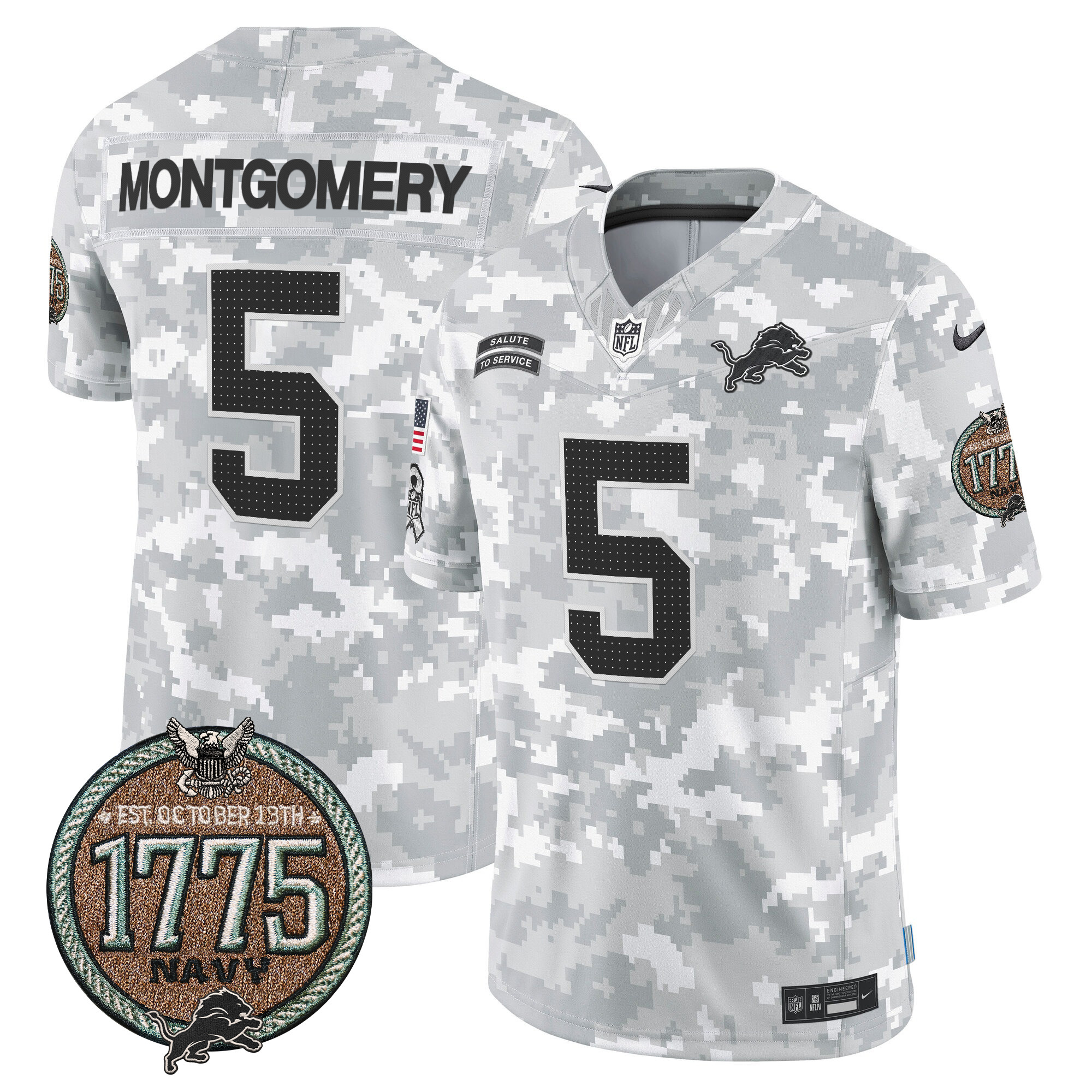 Men's David Montgomery Detroit Lions 2024 Salute to Service Establishment Year Patch Vapor Limited Navy Jersey - All Stitched