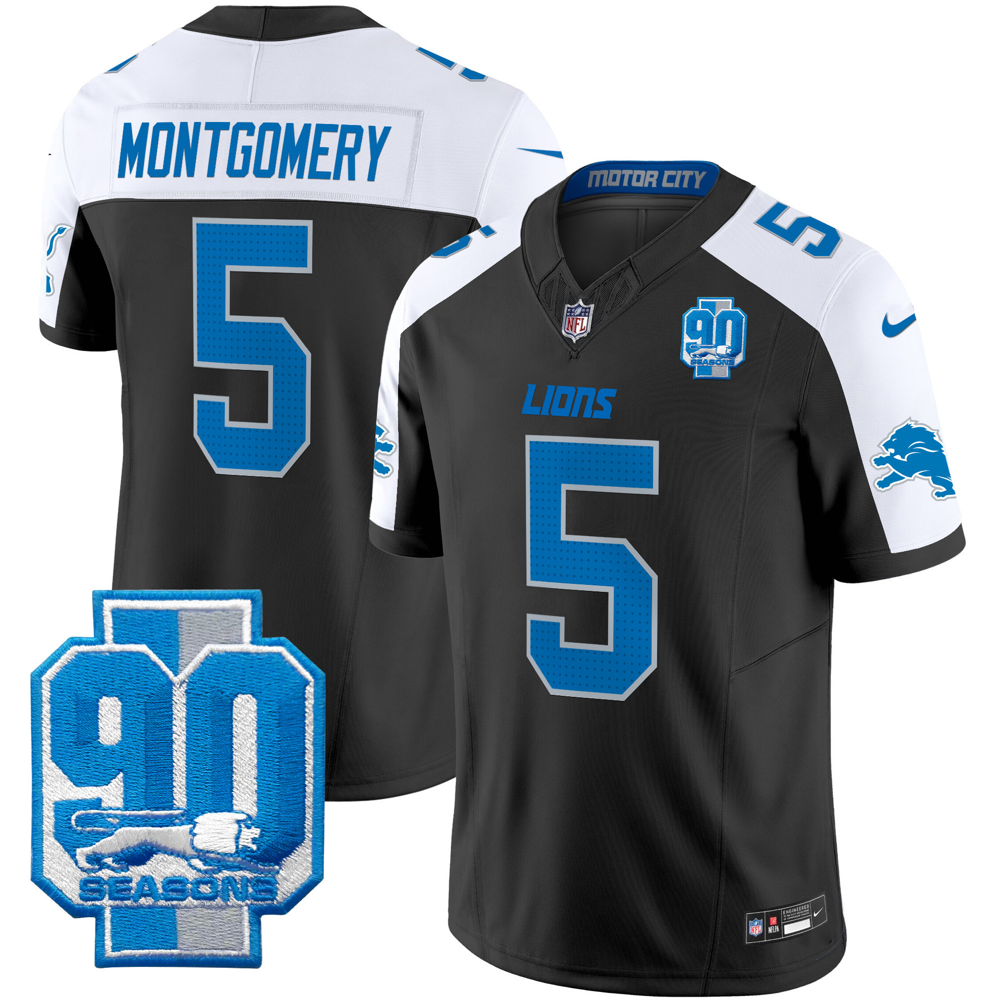 Men's David Montgomery Detroit Lions 90th Year Patch Vapor Limited Black Alternate Jersey - All Stitched