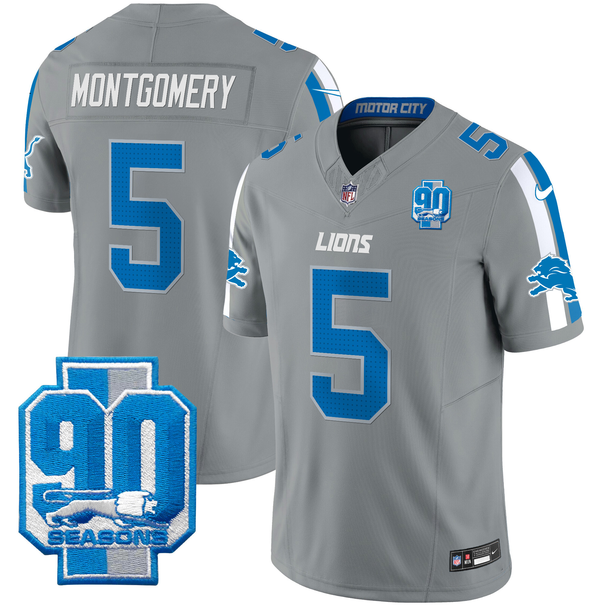 Men's David Montgomery Detroit Lions 90th Year Patch Vapor Limited Gray Jersey - All Stitched
