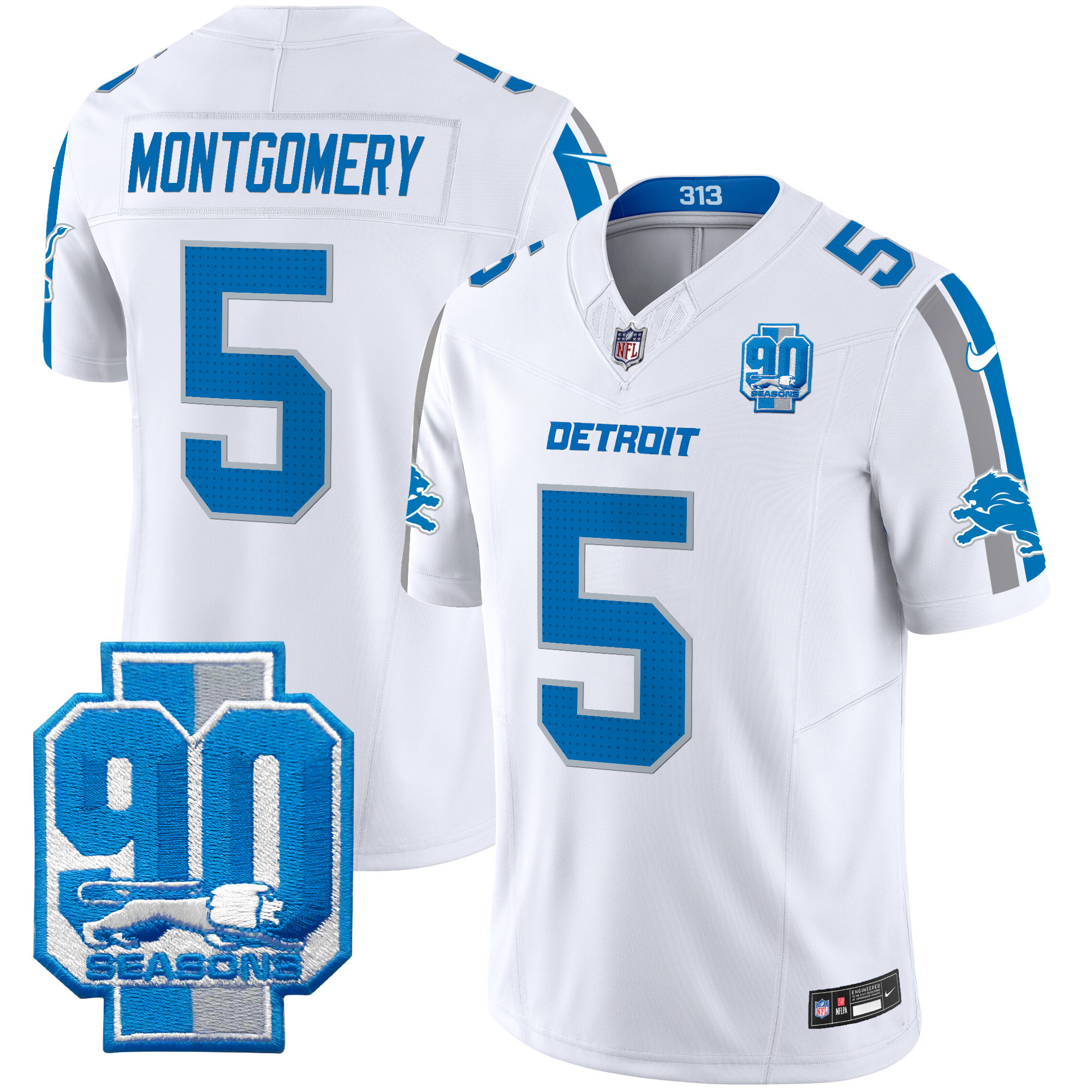 Men's David Montgomery Detroit Lions 90th Year Patch Vapor Limited White Jersey - All Stitched