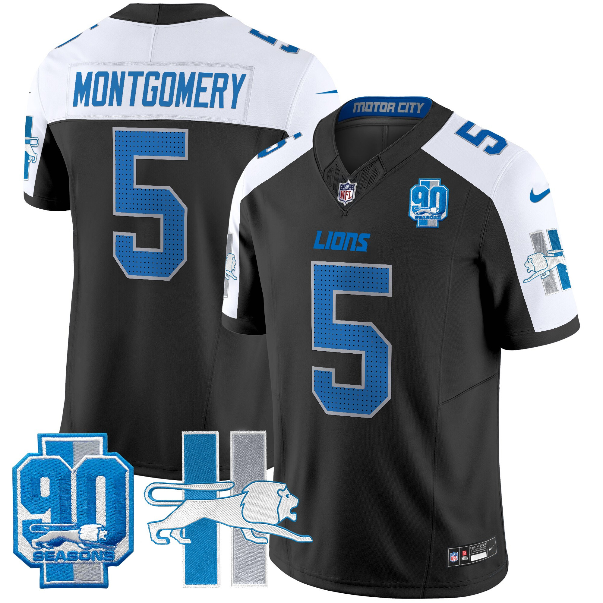 Men's David Montgomery Detroit Lions Throwback 90th Year Patch Vapor Limited Black Alternate Jersey - All Stitched