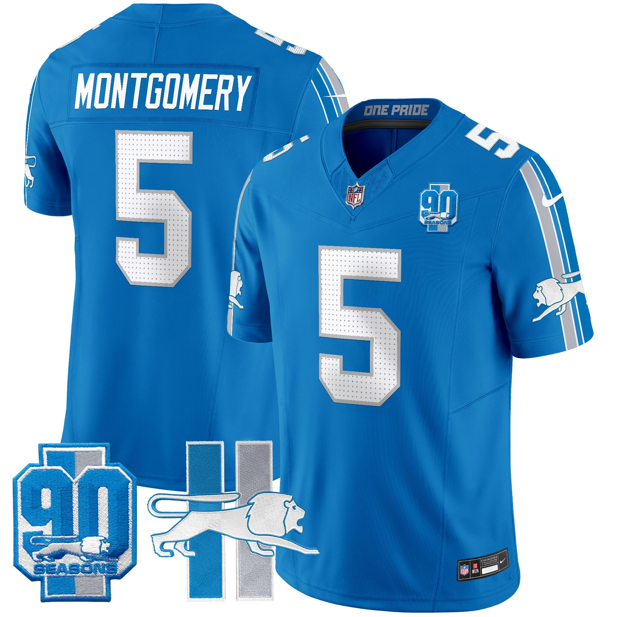 Men's David Montgomery Detroit Lions Throwback 90th Year Patch Vapor Limited Blue Jersey - All Stitched