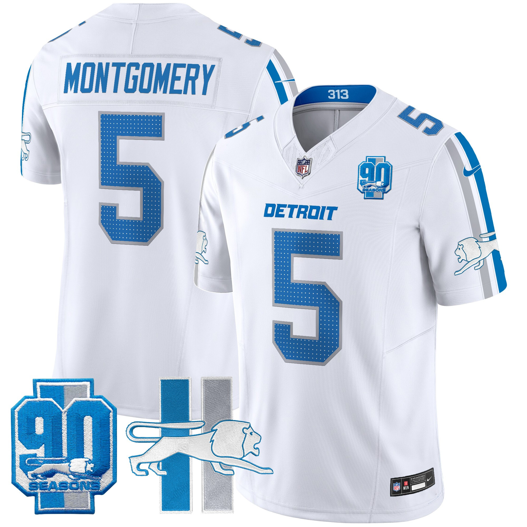 Men's David Montgomery Detroit Lions Throwback 90th Year Patch Vapor Limited White Jersey - All Stitched
