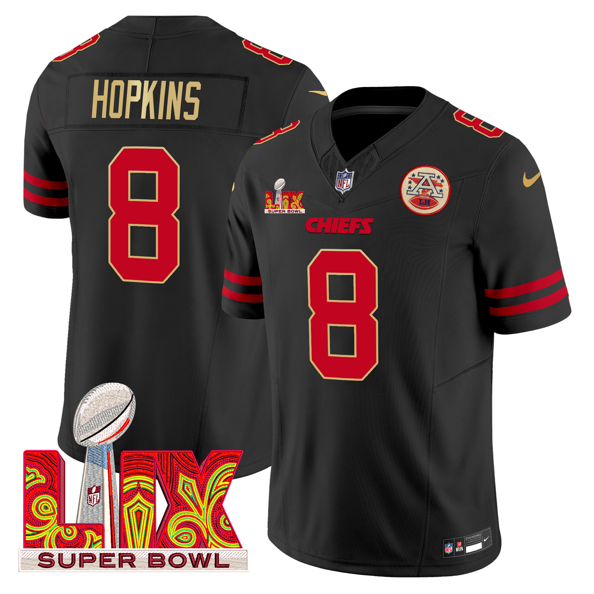 Men's DeAndre Hopkins Kansas City Chiefs Super Bowl LIX Patch Gold Trim Vapor Limited Black Jersey - All Stitched