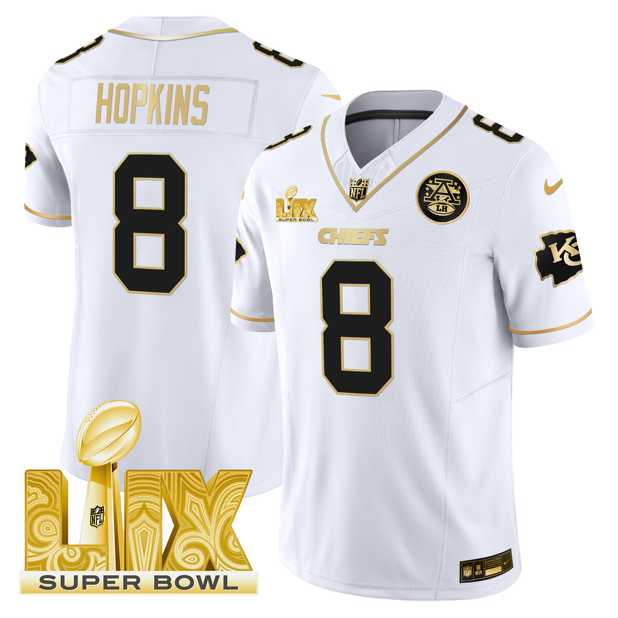 Men's DeAndre Hopkins Kansas City Chiefs Super Bowl LIX Patch Gold Vapor Limited White Gold Jersey - All Stitched