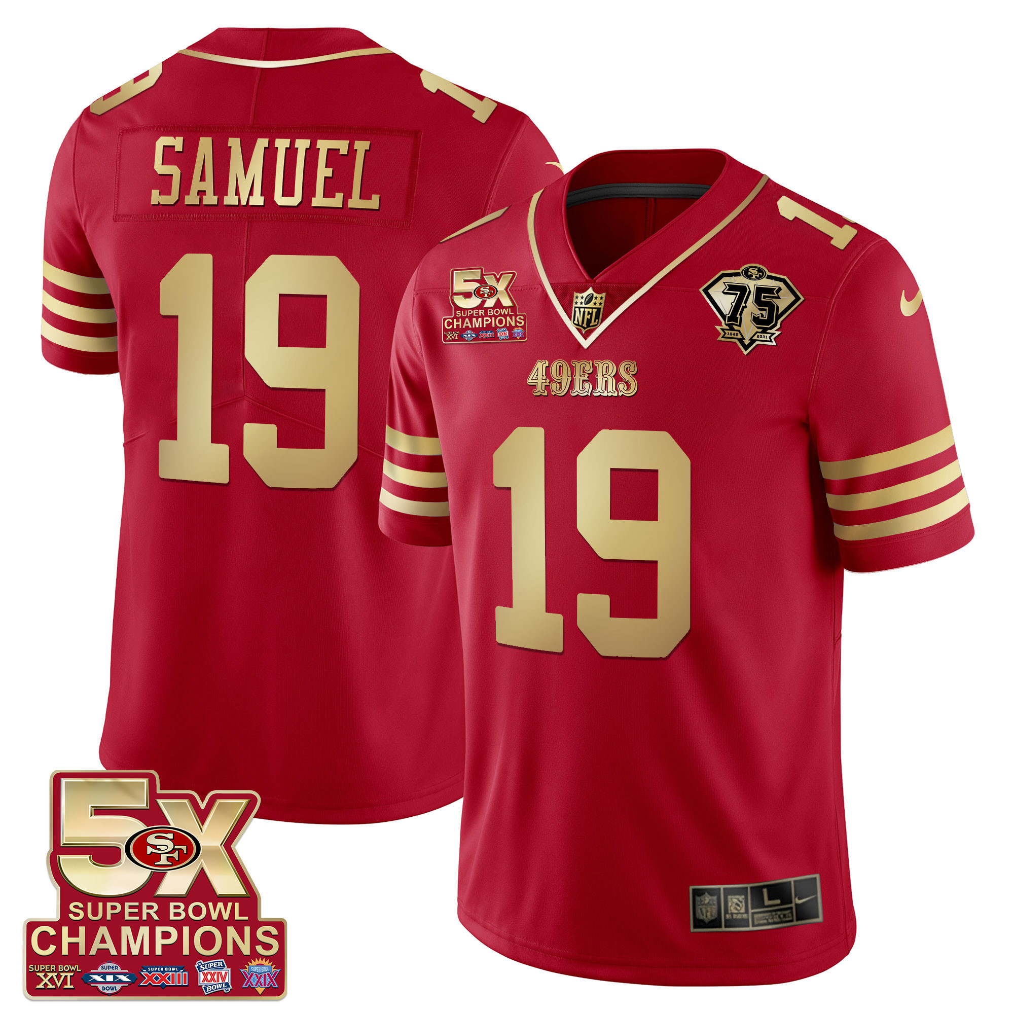 Men's Deebo Samuel San Francisco 49ers 5x Super Bowl Patch Black Red Vapor Red Gold Jersey - Stitched