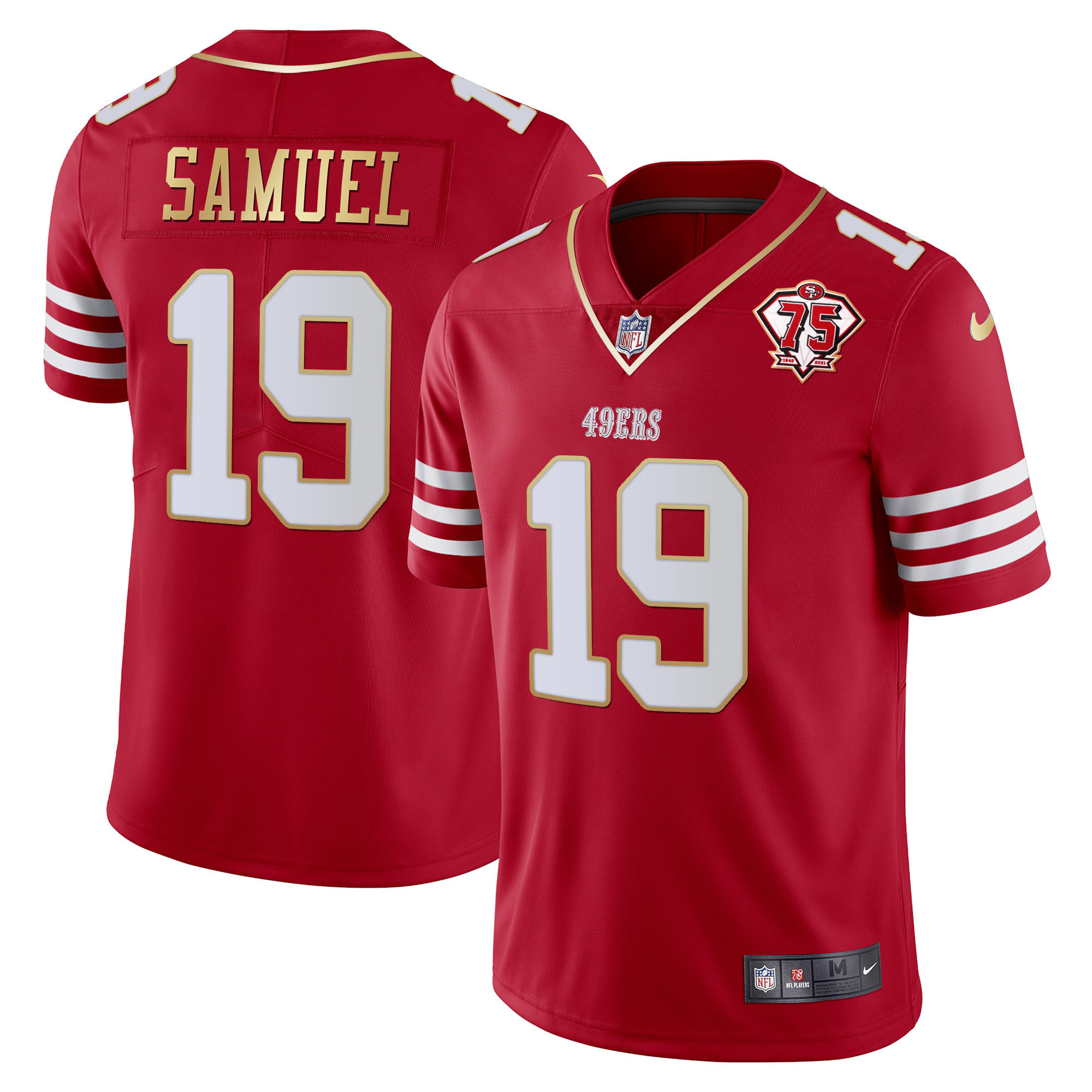 Men's Deebo Samuel San Francisco 49ers 75th Anniversary Patch Vapor Gold Trim Red Gold Jersey - All Stitched