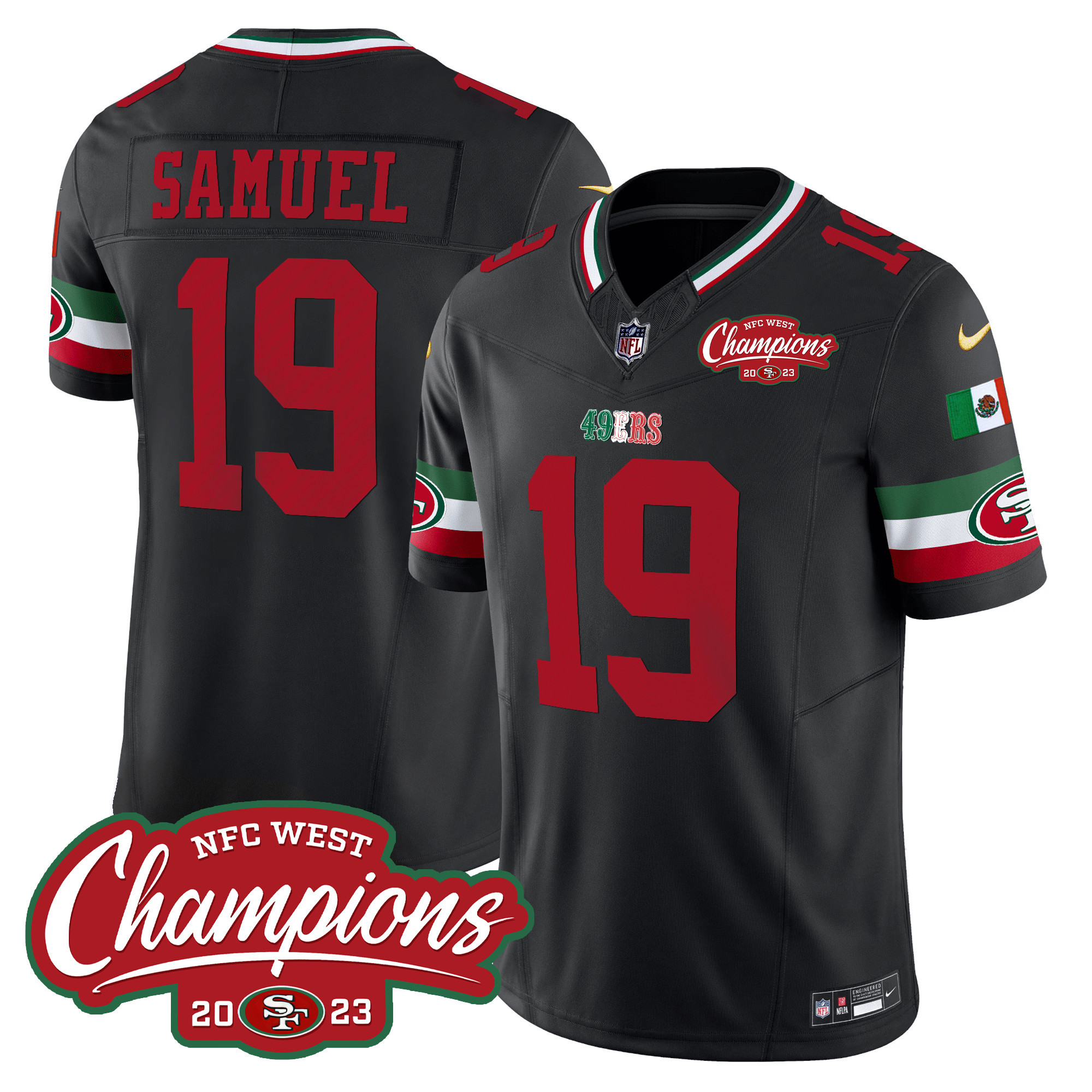 Men's Deebo Samuel San Francisco 49ers Mexico 2023 NFC West Champions Patch Vapor Black Jersey - All Stitched