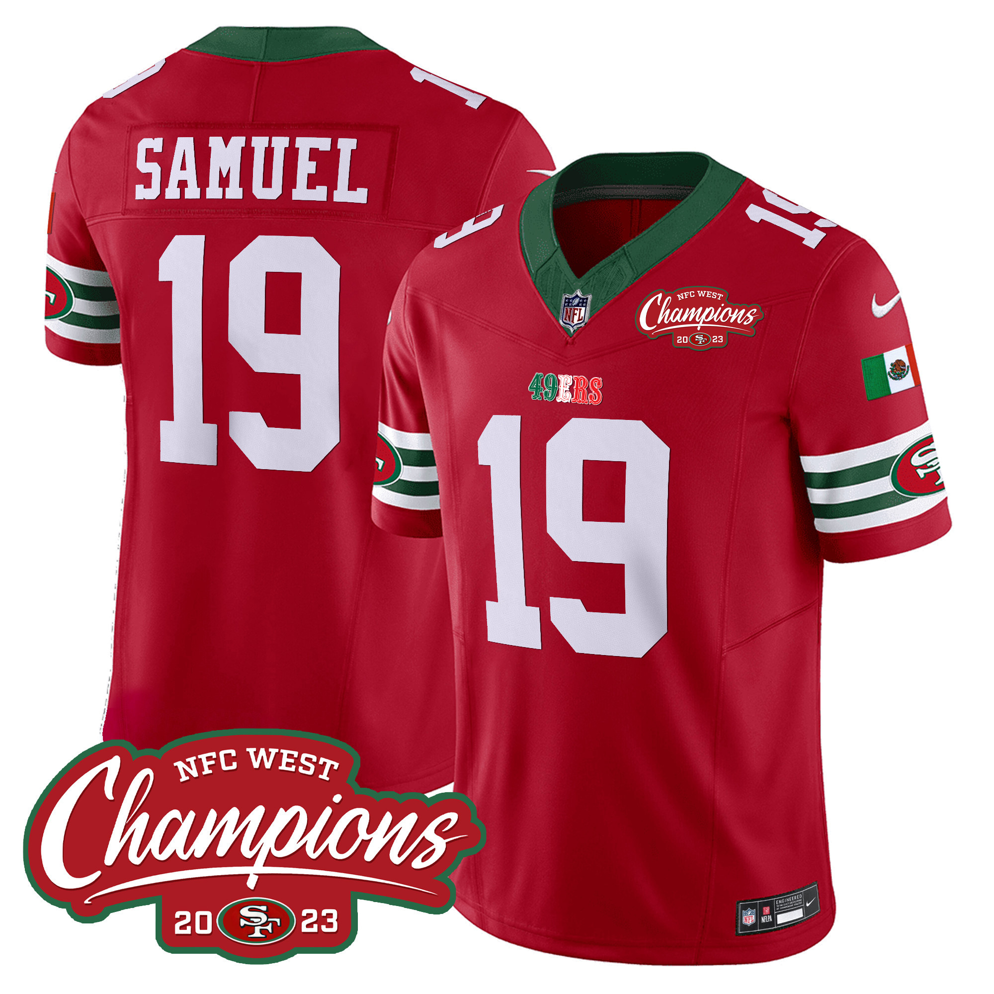 Men's Deebo Samuel San Francisco 49ers Mexico 2023 NFC West Champions Patch Vapor Red Jersey - All Stitched