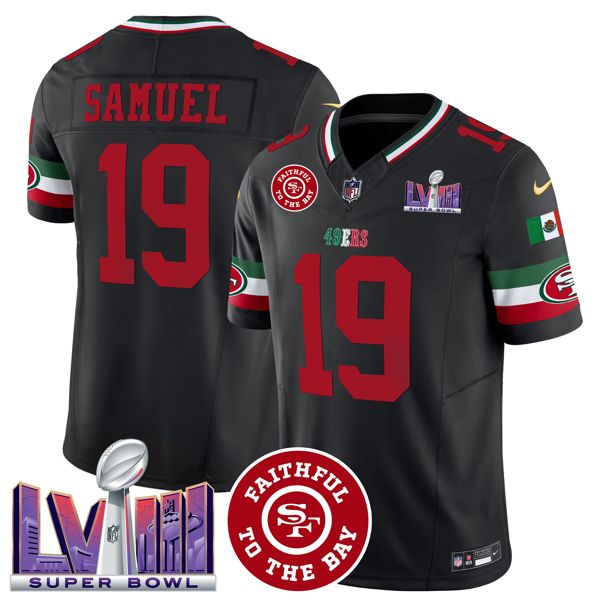 Men's Deebo Samuel San Francisco 49ers Mexico Faithful & Super Bowl LVIII Patch Vapor Black Jersey - All Stitched