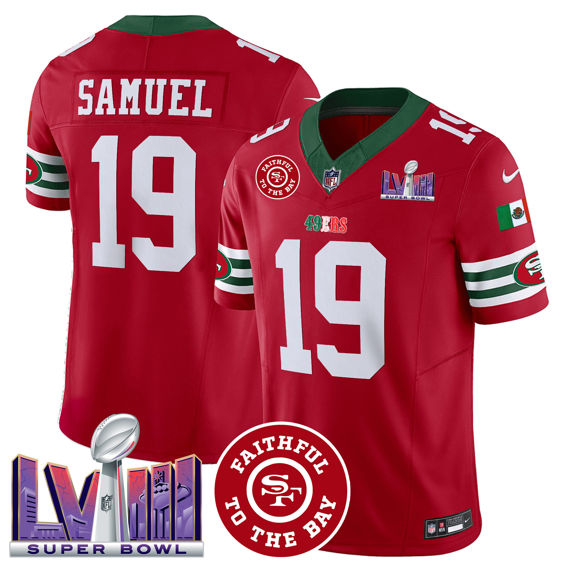 Men's Deebo Samuel San Francisco 49ers Mexico Faithful & Super Bowl LVIII Patch Vapor Red Jersey - All Stitched
