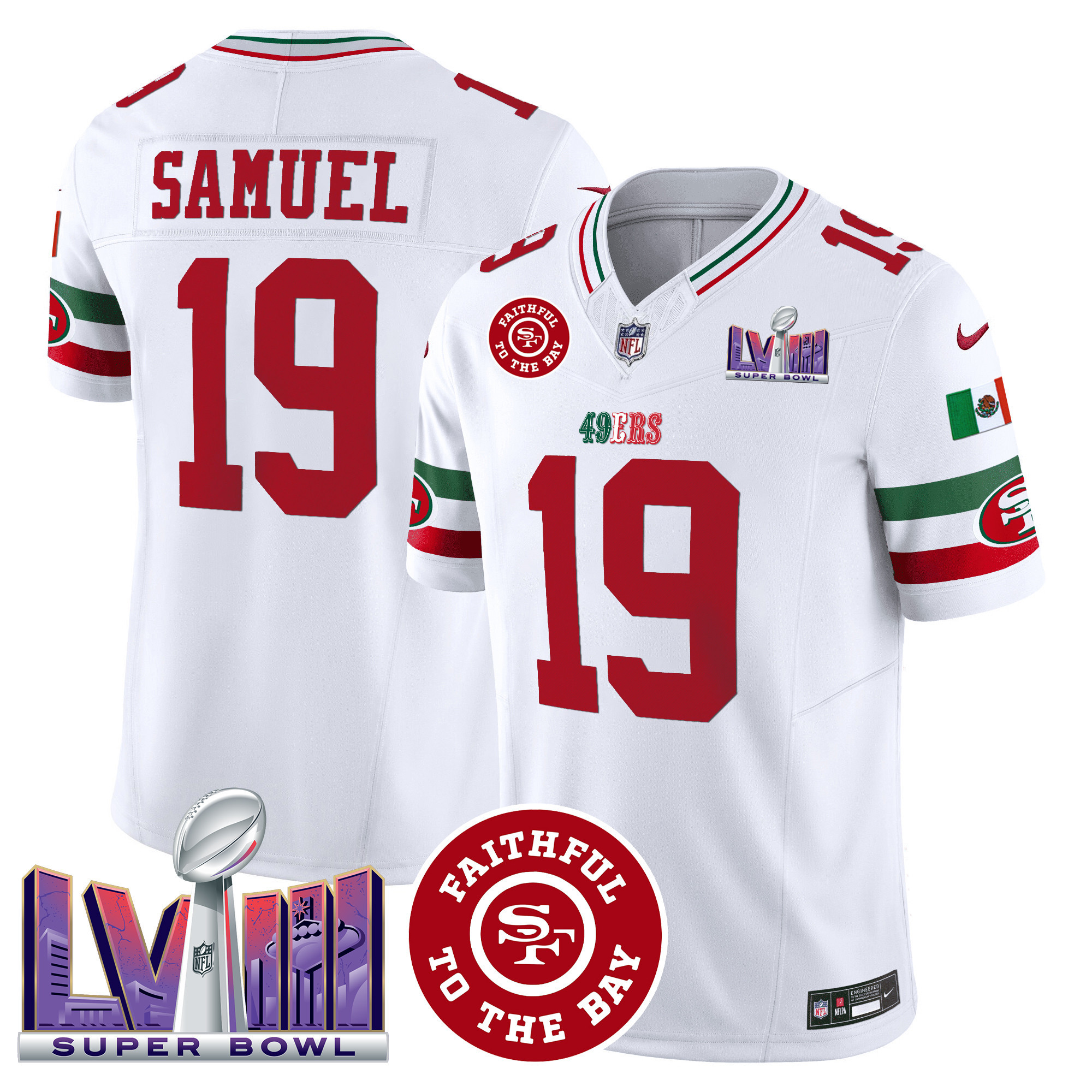 Men's Deebo Samuel San Francisco 49ers Mexico Faithful & Super Bowl LVIII Patch Vapor White Jersey - All Stitched