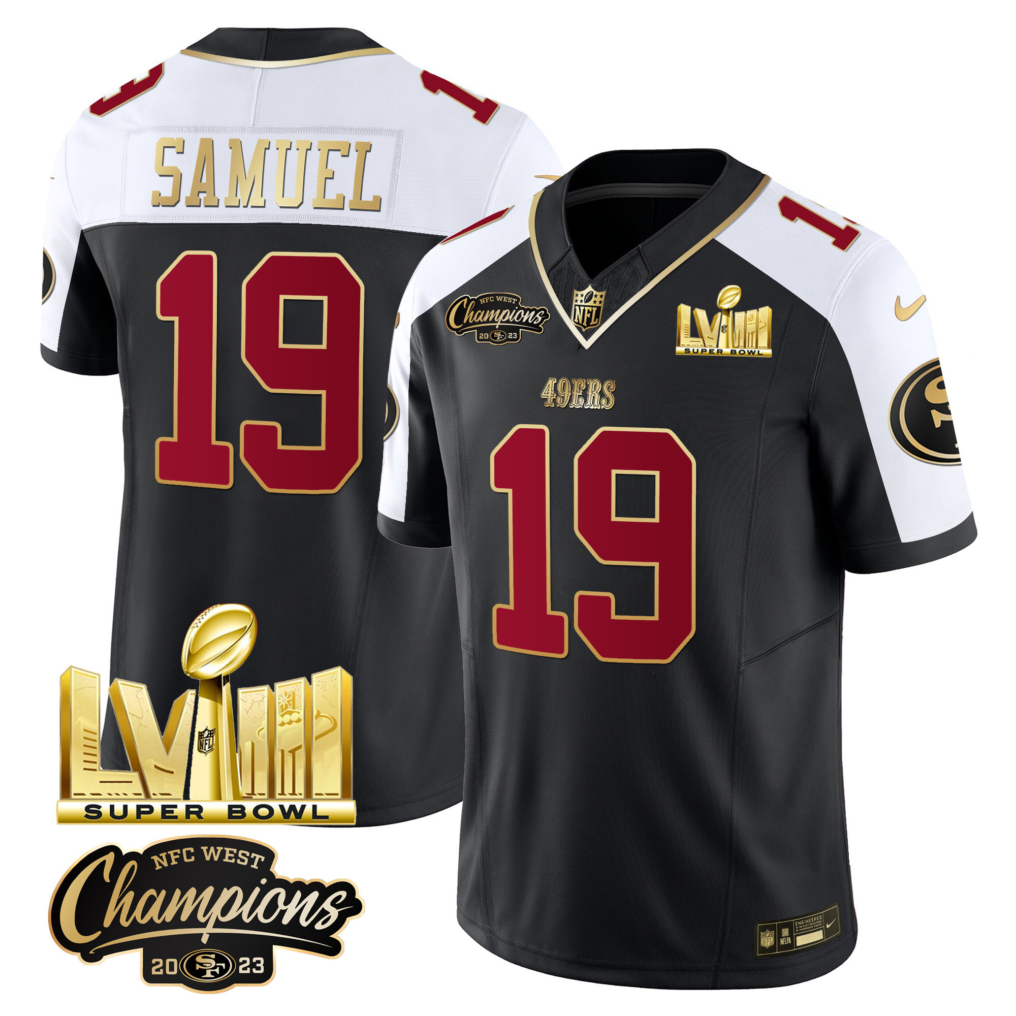 Men's Deebo Samuel San Francisco 49ers NFC West Champions & Super Bowl LVIII Gold Patch Vapor Black Alternate Jersey V2 - All Stitched