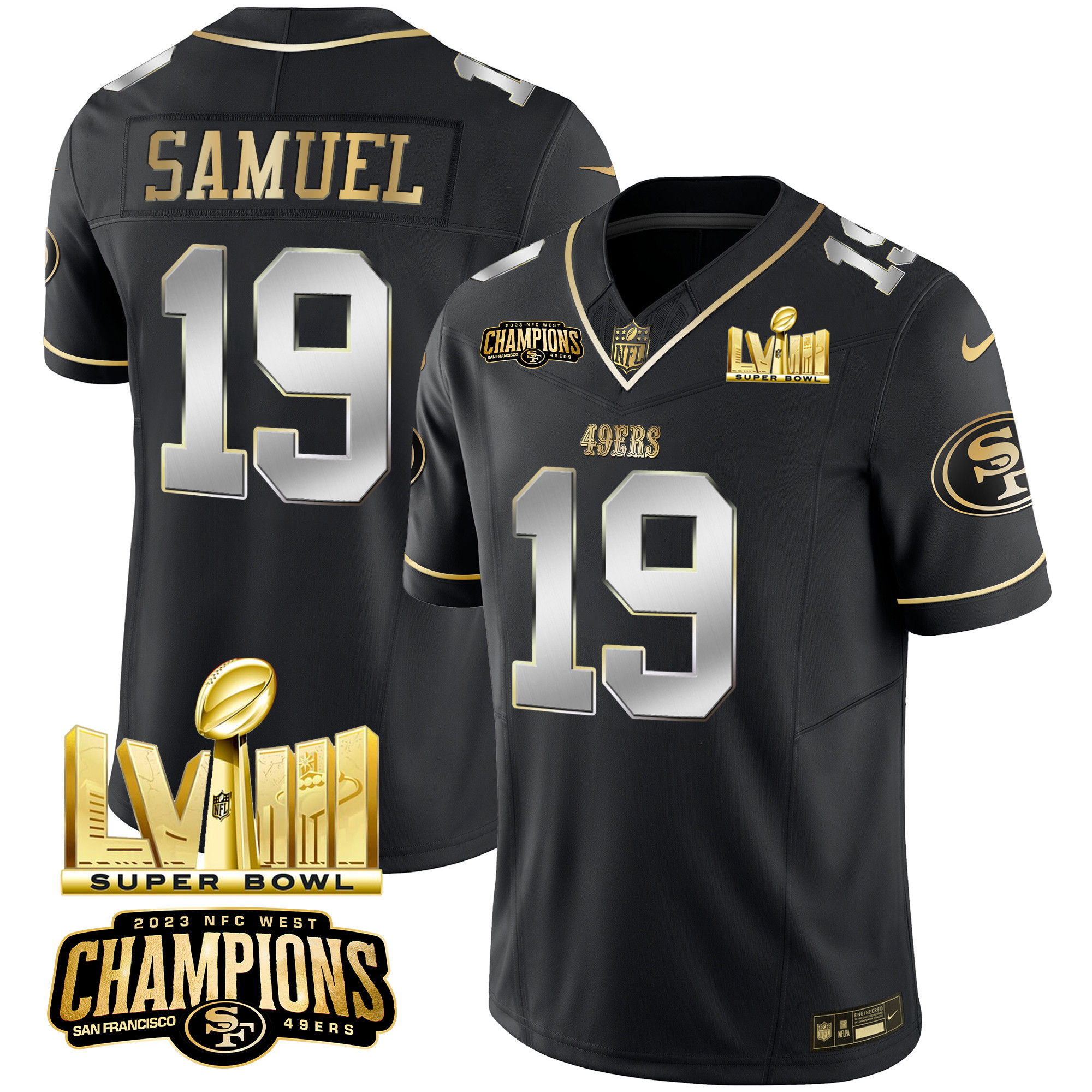 Men's Deebo Samuel San Francisco 49ers NFC West Champions & Super Bowl LVIII Gold Patch Vapor Black Limited Jersey - All Stitched