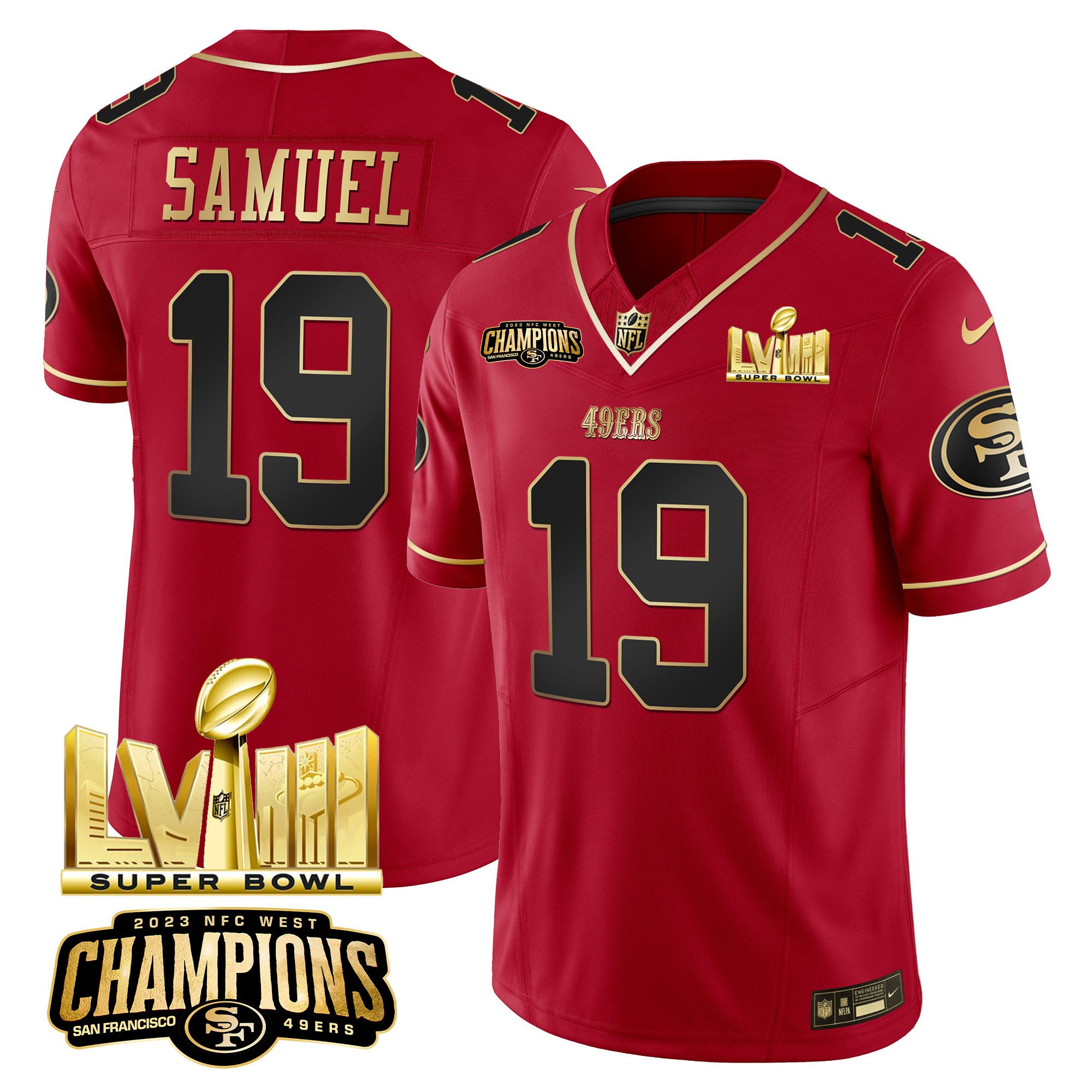 Men's Deebo Samuel San Francisco 49ers NFC West Champions & Super Bowl LVIII Gold Patch Vapor Scarlet Limited Jersey - All Stitched