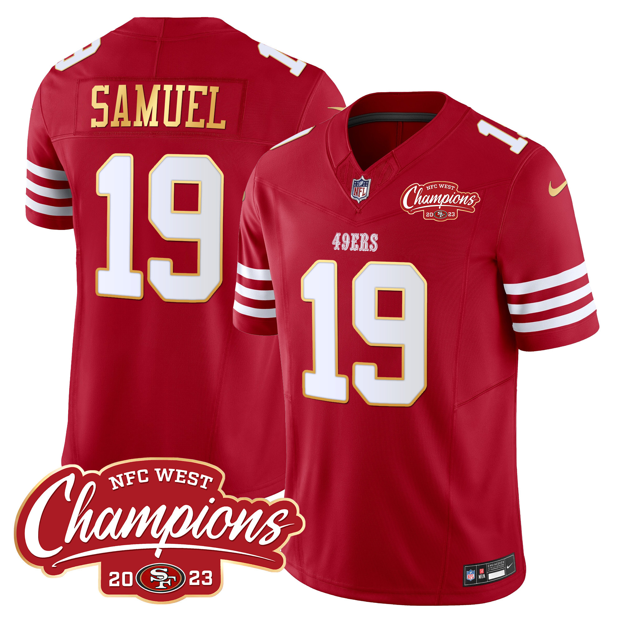 Men's Deebo Samuel San Francisco 49ers NFC West Champions Gold Trim Vapor Red Jersey - All Stitched