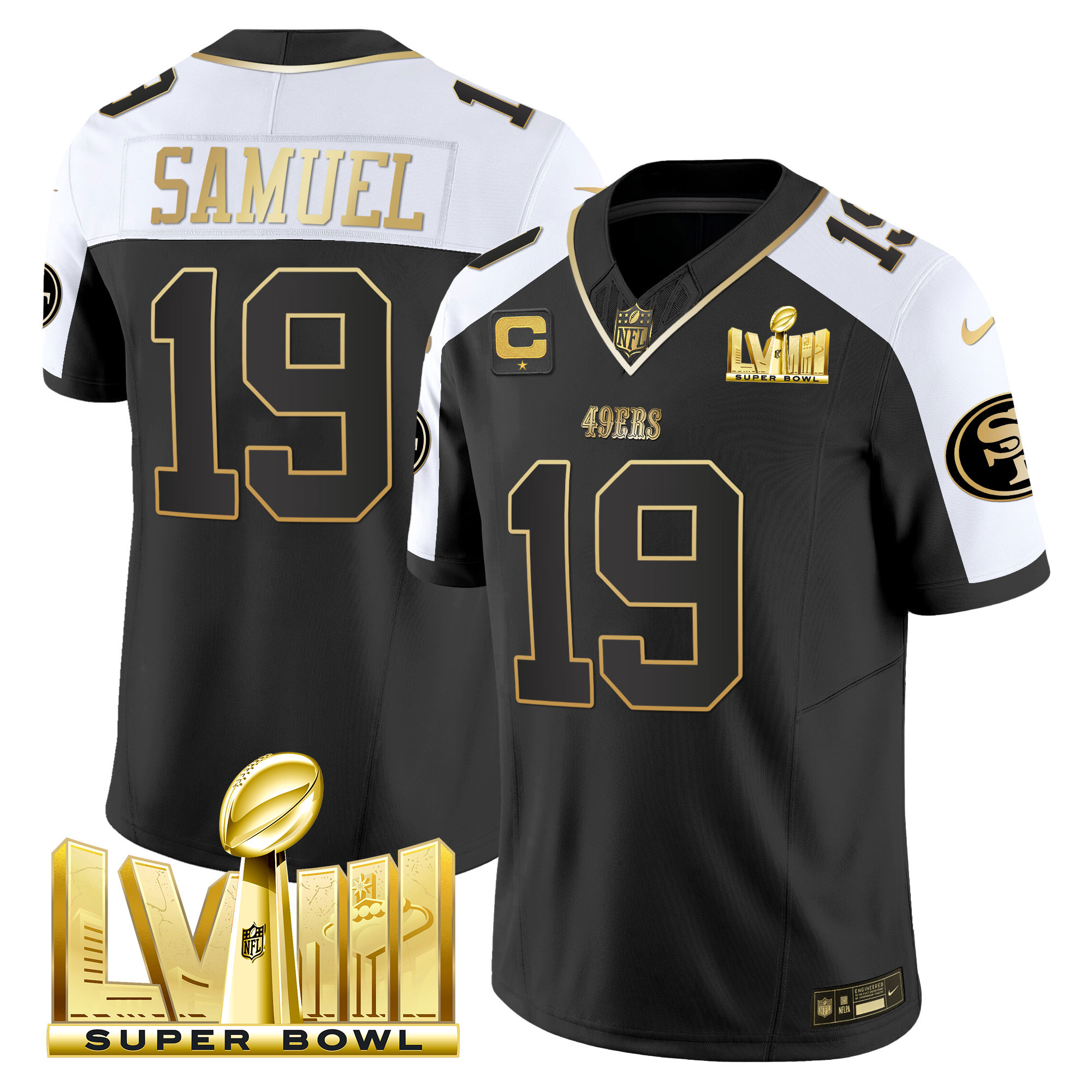 Men's Deebo Samuel San Francisco 49ers Super Bowl LVIII Gold Patch Vapor Black Alternate Jersey V2 - All Stitched