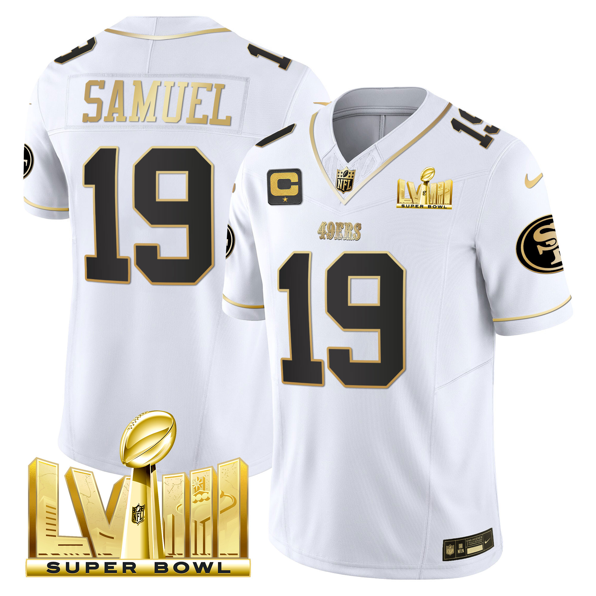 Men's Deebo Samuel San Francisco 49ers Super Bowl LVIII Gold Patch Vapor White Gold Jersey V2 - All Stitched