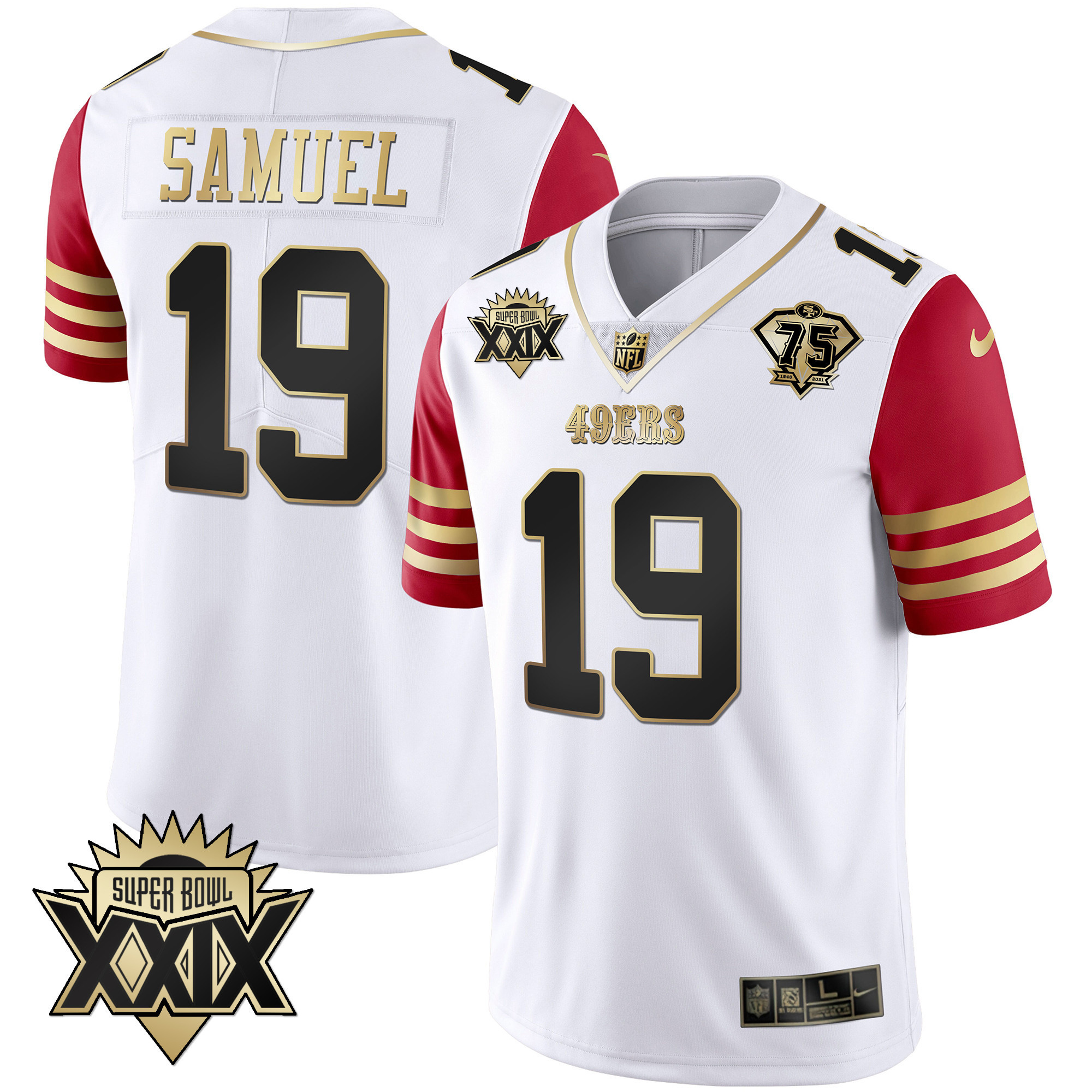 Men's Deebo Samuel San Francisco 49ers Super Bowl XXIX Patch Black Red Gold Red Sleeve Jersey - All Stitched